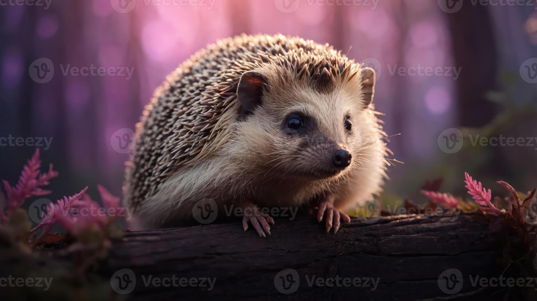 A hedgehog perched on a log in a mystical forest setting with soft lighting. photo