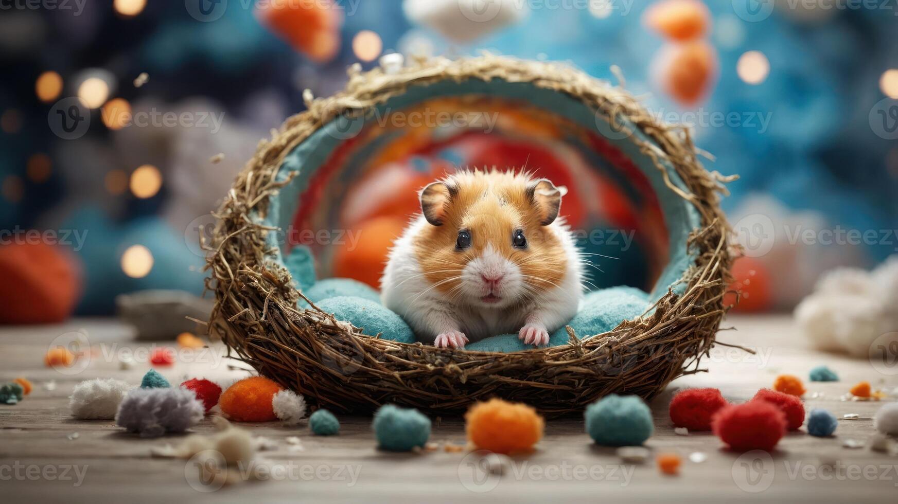 A cute guinea pig rests in a cozy nest surrounded by colorful pom-poms. photo