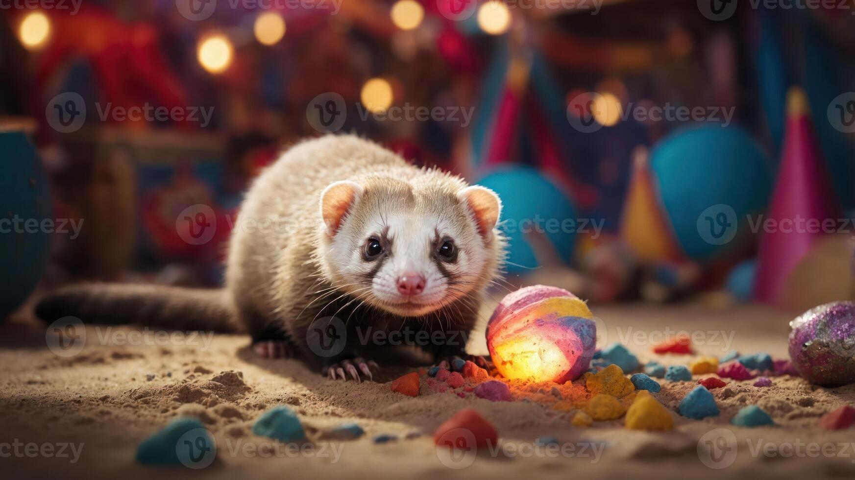 A playful ferret explores a colorful, festive environment with decorative items and sand. photo