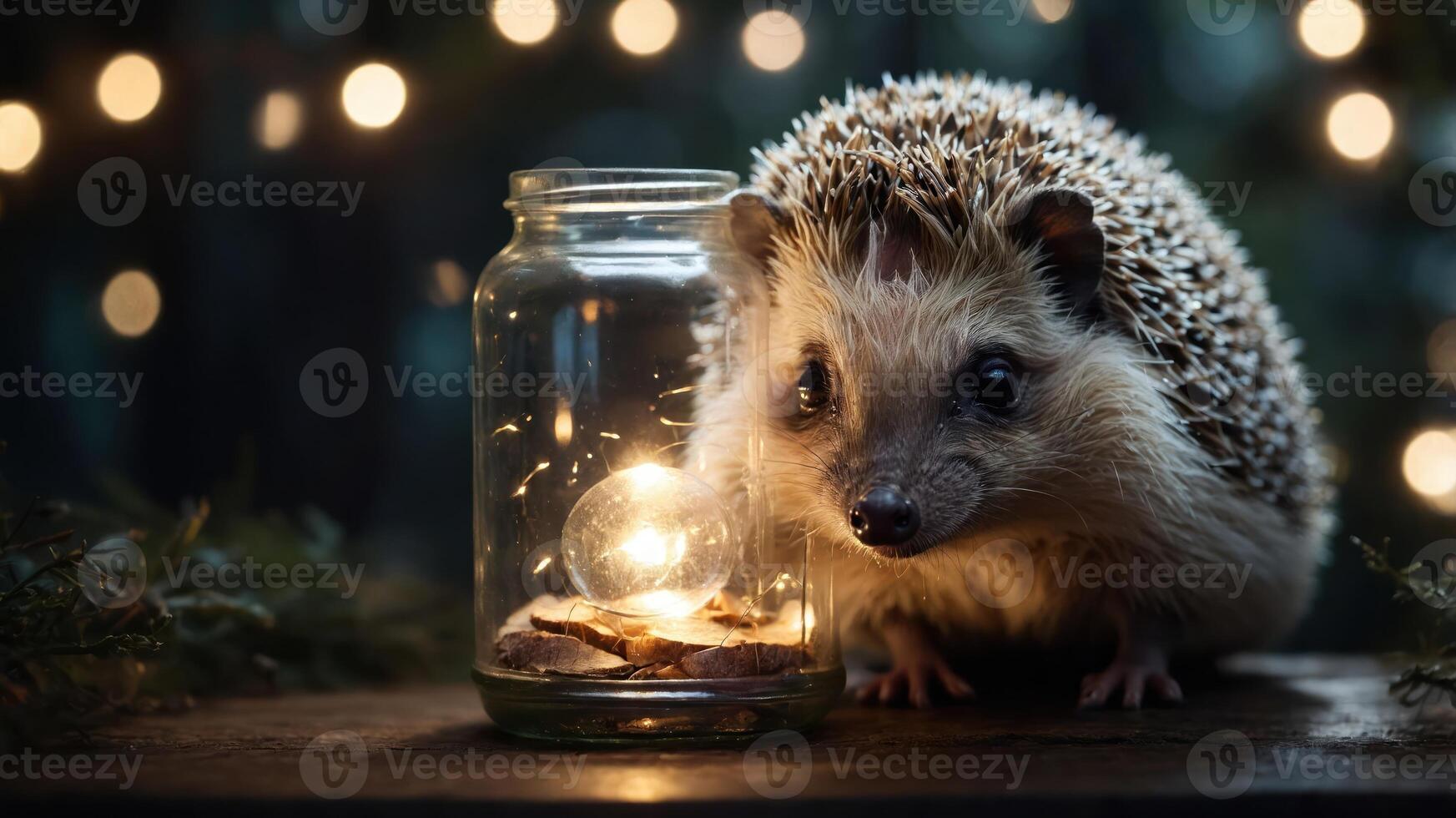 A hedgehog beside a jar with glowing lights, creating a whimsical, cozy atmosphere. photo