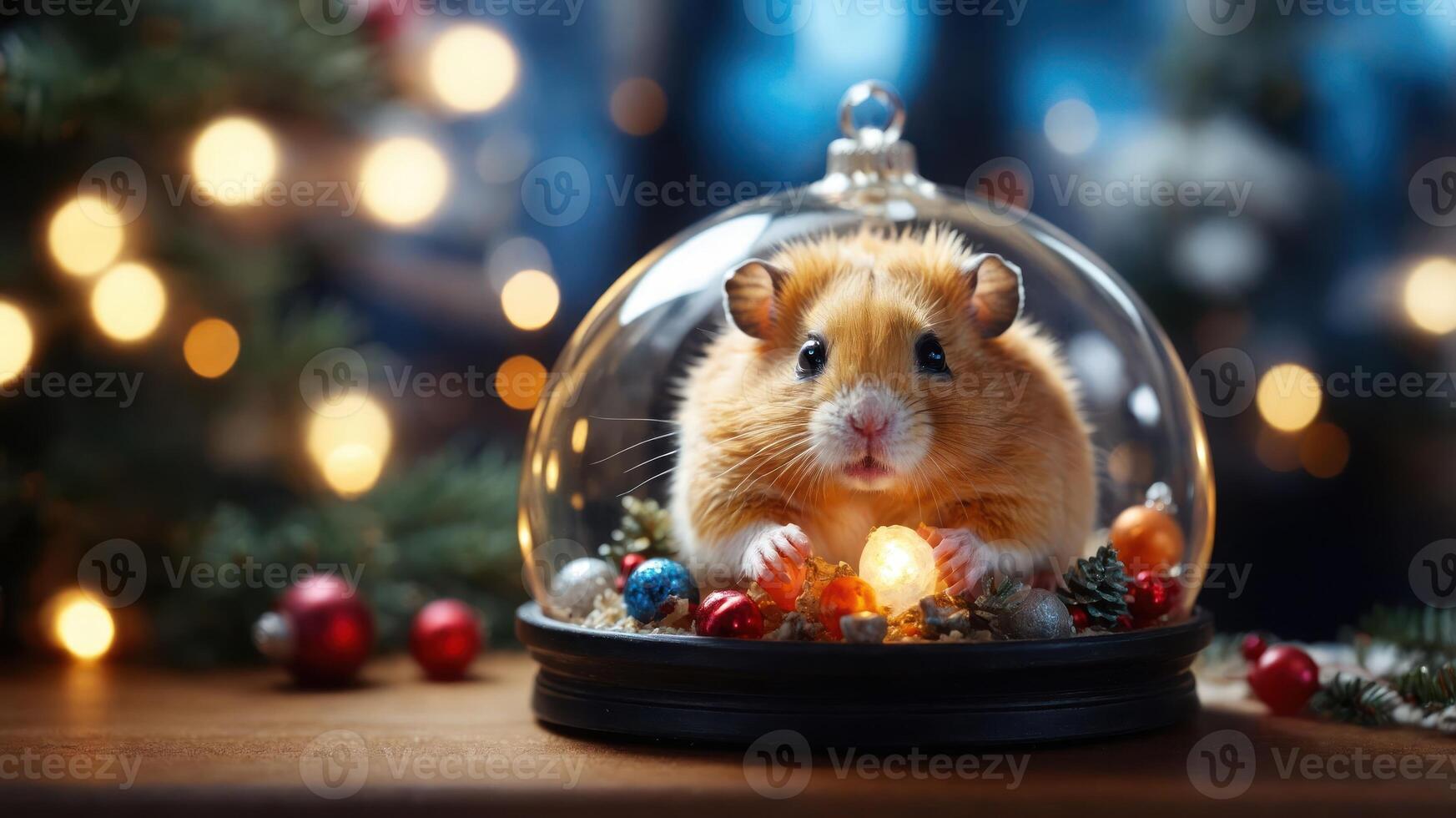 A hamster inside a glass dome surrounded by festive decorations and lights. photo