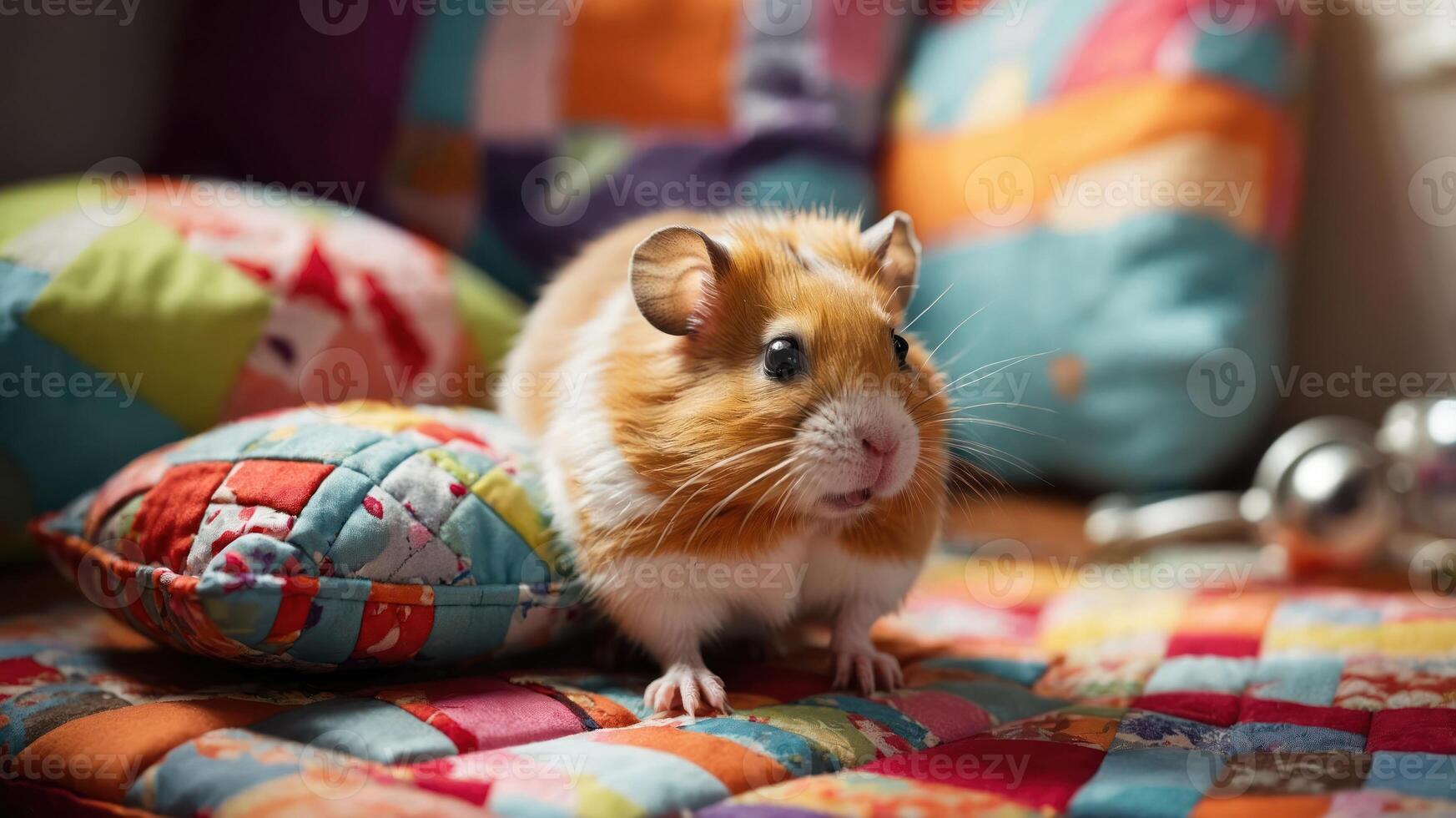 A cute hamster on colorful cushions, showcasing a cozy and playful atmosphere. photo