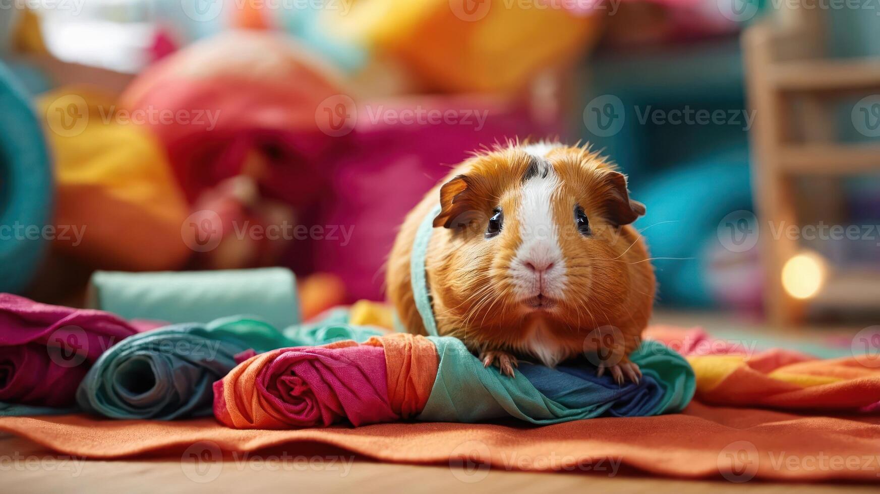 A cute guinea pig rests on colorful fabric, surrounded by vibrant pillows and a cozy setting. photo