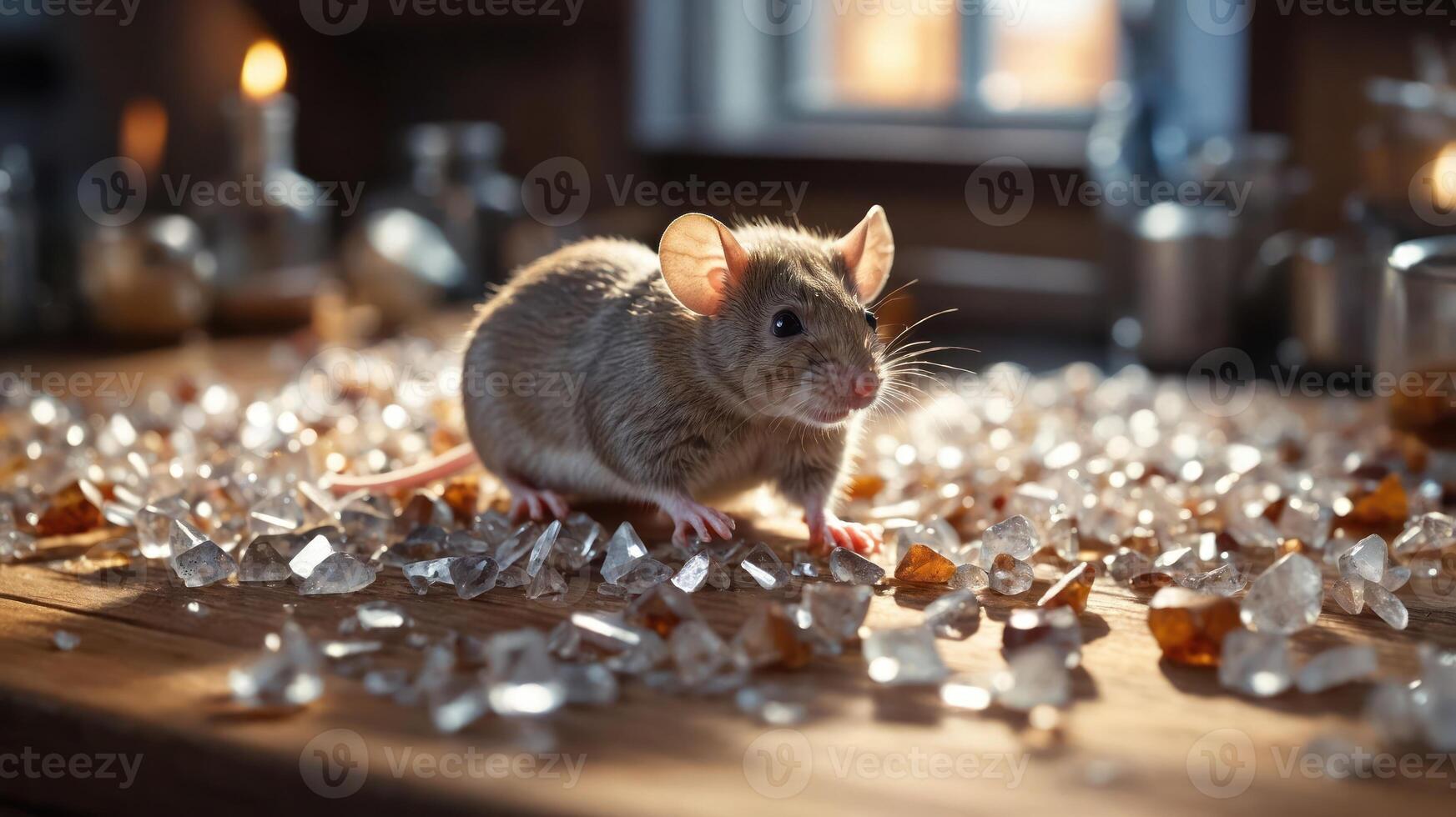 A mouse exploring a surface covered with sparkling crystals in a cozy, warm setting. photo