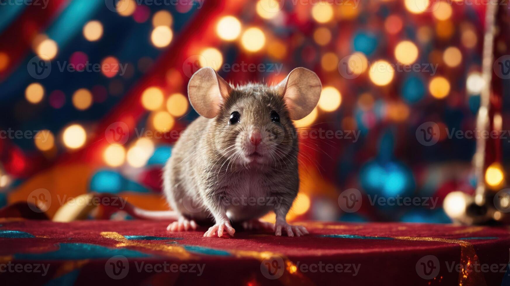 A close-up of a mouse against a colorful, festive background with bokeh lights. photo