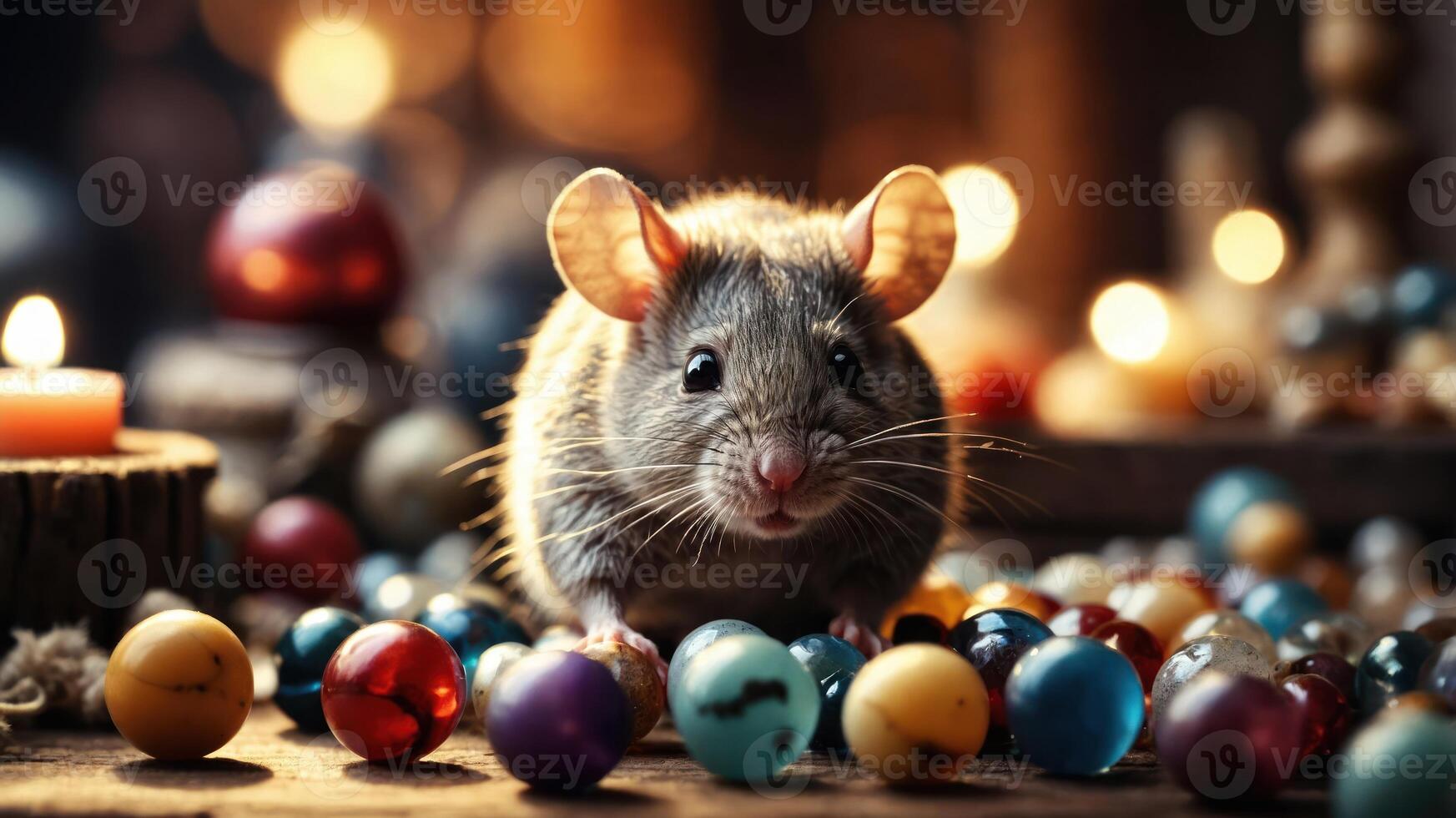A cute mouse surrounded by colorful marbles and a candle, creating a whimsical atmosphere. photo