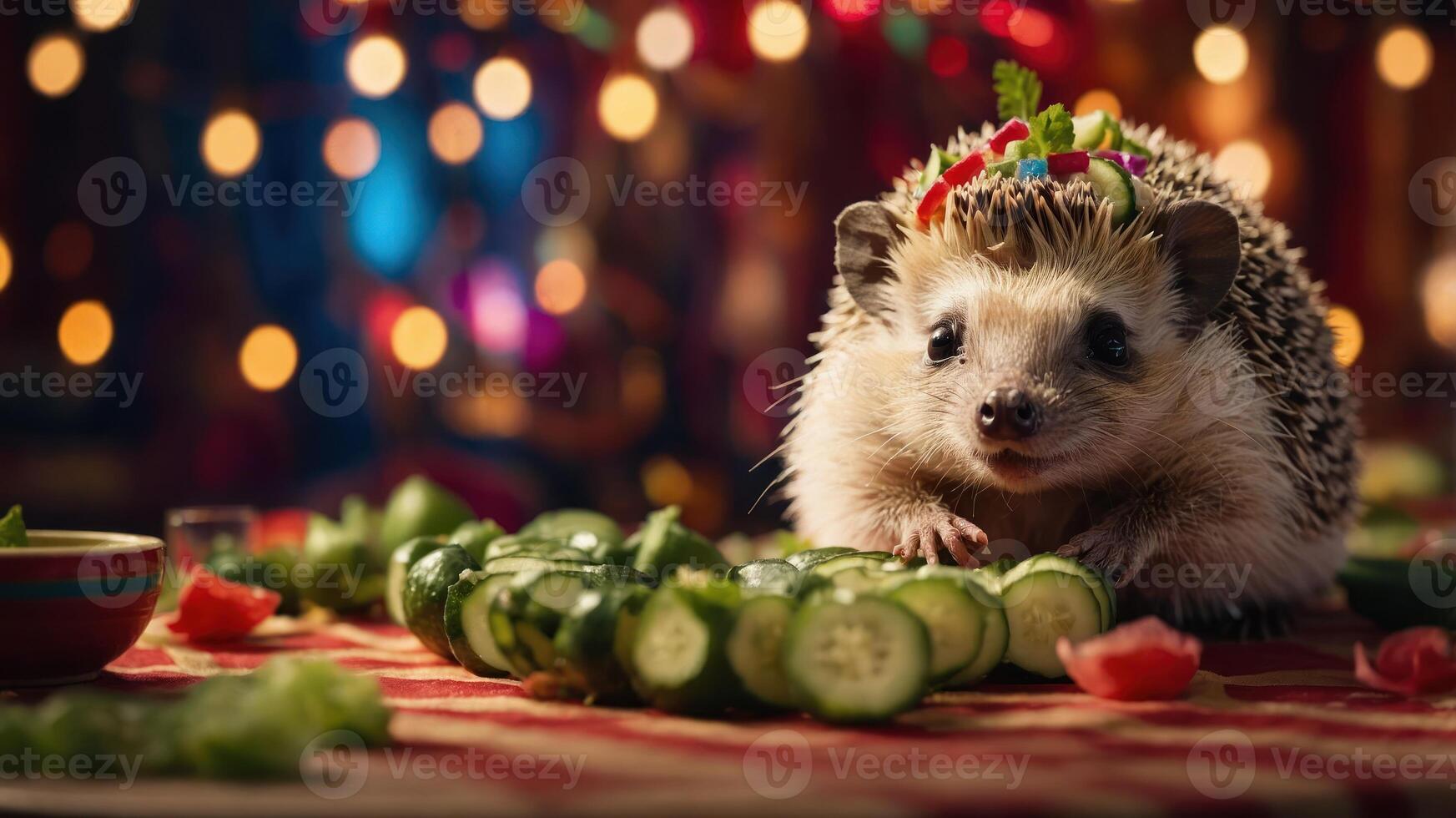 A hedgehog adorned with a colorful crown sits among sliced cucumbers on a festive table. photo