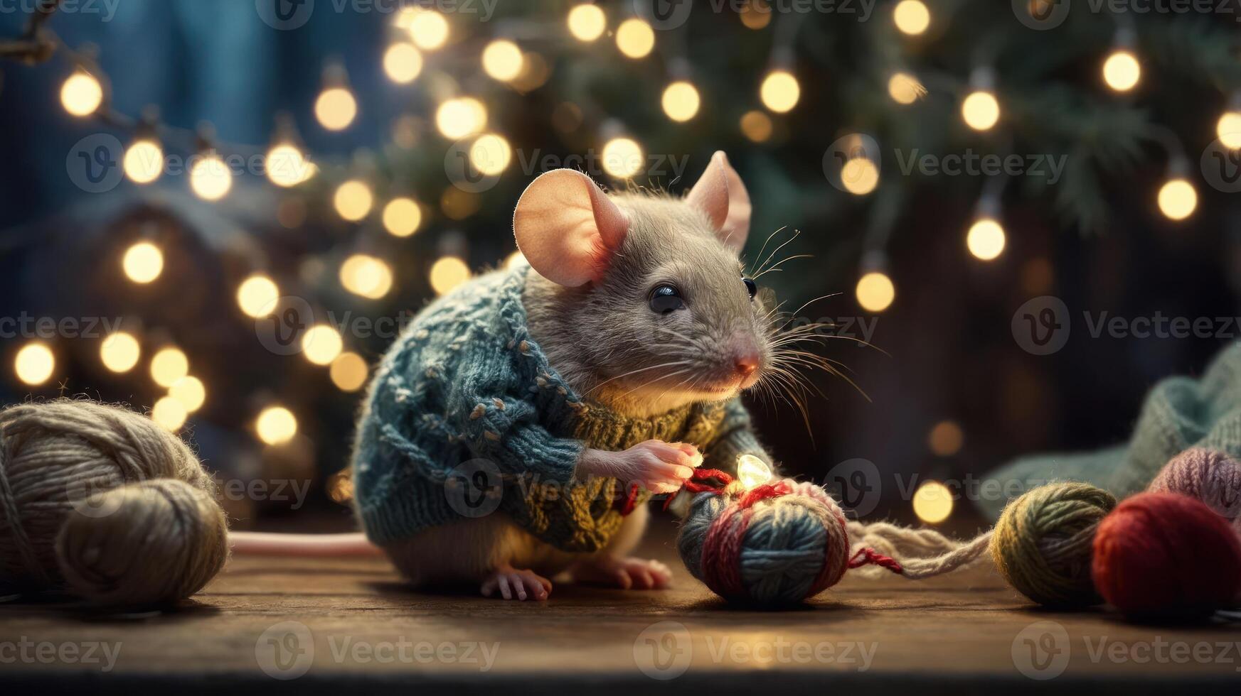 A cute mouse in a knitted sweater plays with yarn amidst soft lights. photo