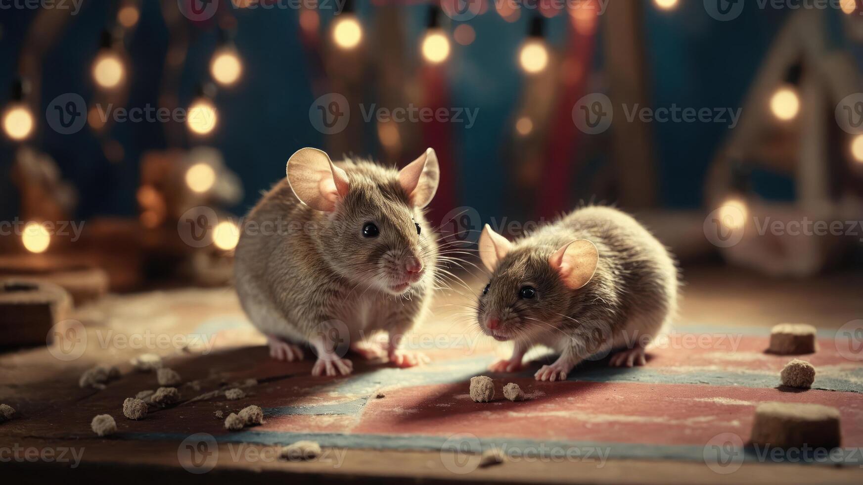 Two adorable mice exploring a playful setting with festive lights and scattered food. photo