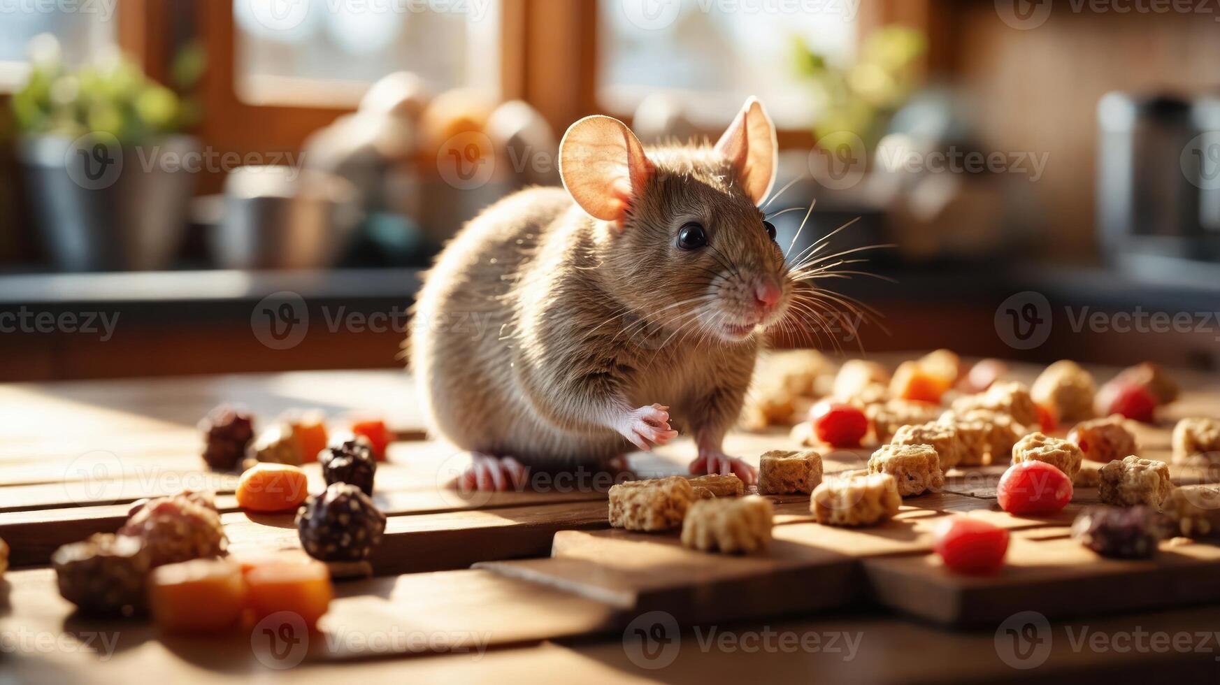 A mouse exploring a wooden surface filled with colorful treats. photo