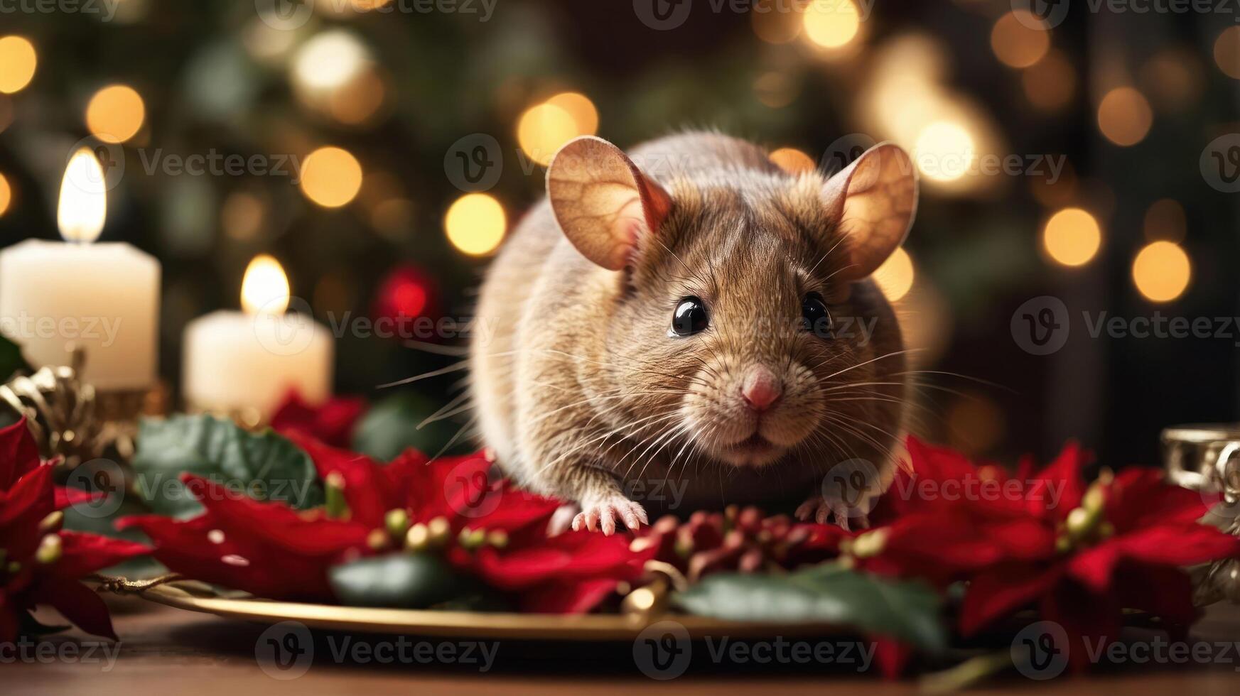 A cute mouse sits on a festive platter surrounded by poinsettias and candles, evoking holiday cheer. photo