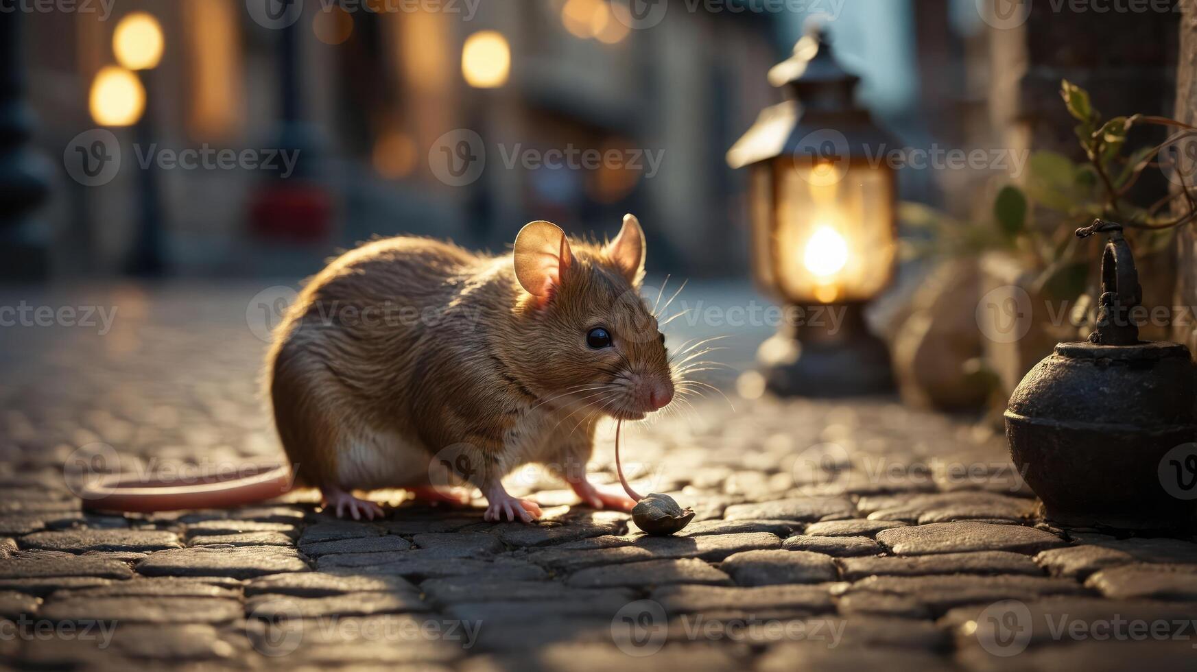 A mouse forages on a cobblestone street near a glowing lantern at dusk. photo
