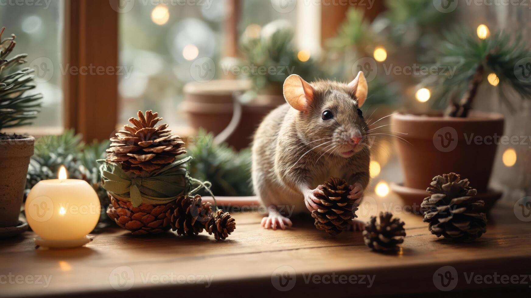 A cute rat among pine cones and candles, creating a cozy, festive atmosphere. photo