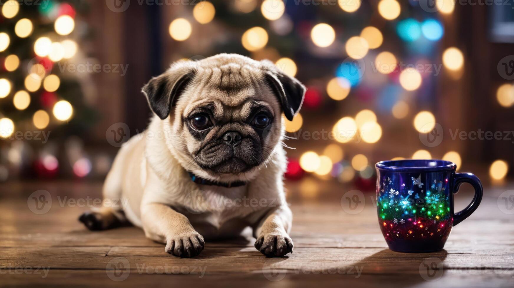 A pug lies beside a colorful mug in a cozy, festive setting with blurred lights. photo