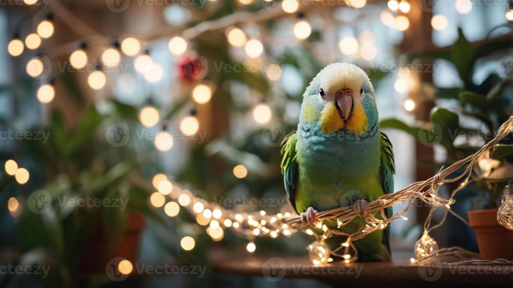A vibrant parrot perched on a string of lights amidst lush greenery. photo