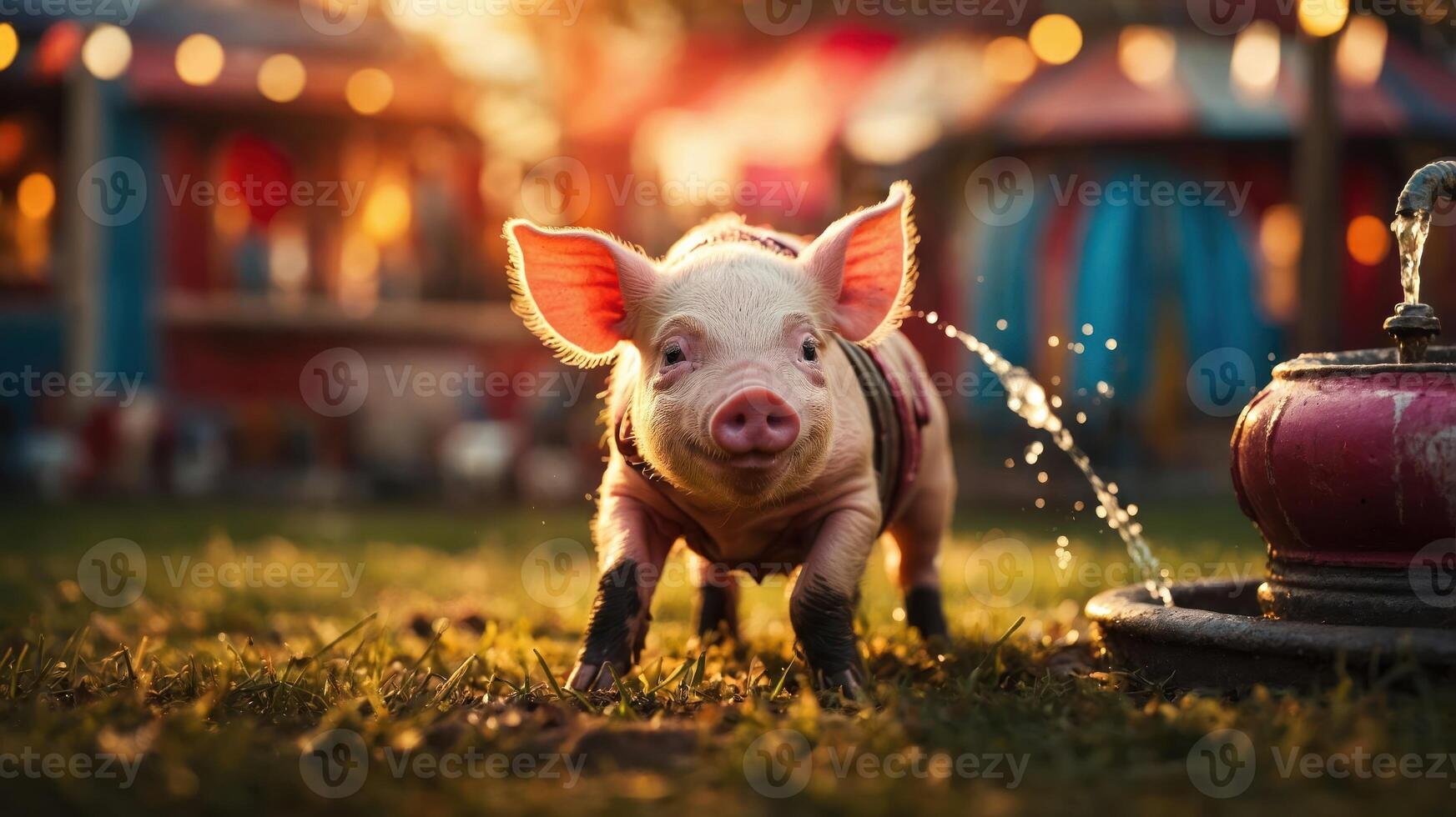 A playful piglet stands in a vibrant carnival setting with water splashing nearby. photo