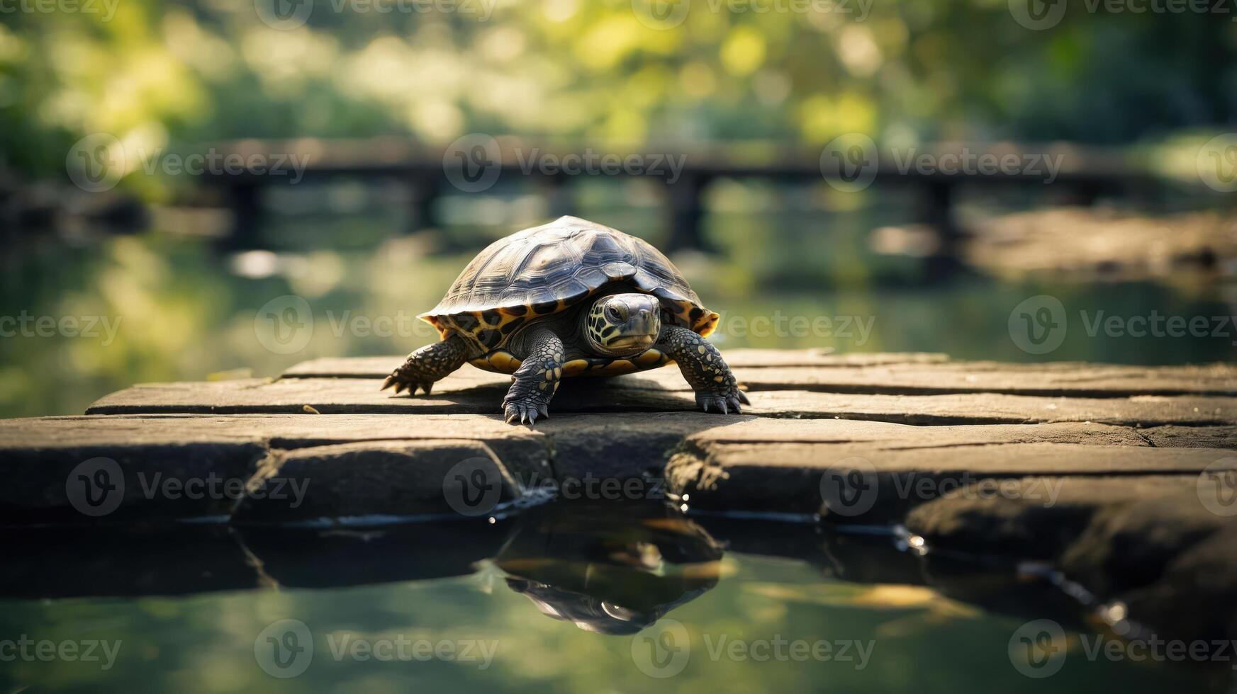 A turtle resting on a wooden platform by a serene water body. photo