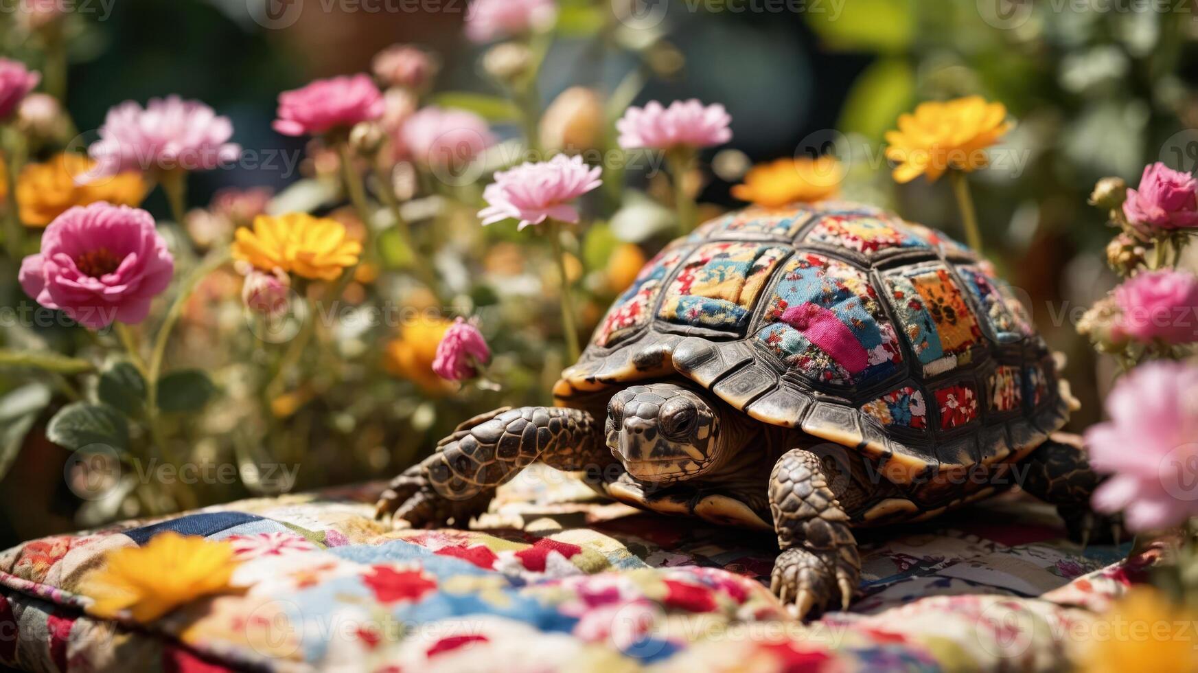 A tortoise rests on a colorful quilt surrounded by vibrant flowers in a sunny garden. photo