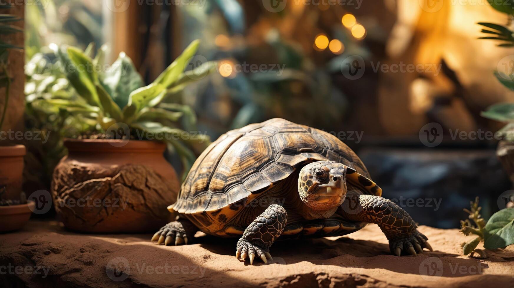 A tortoise in a natural habitat setting, surrounded by plants and warm lighting. photo