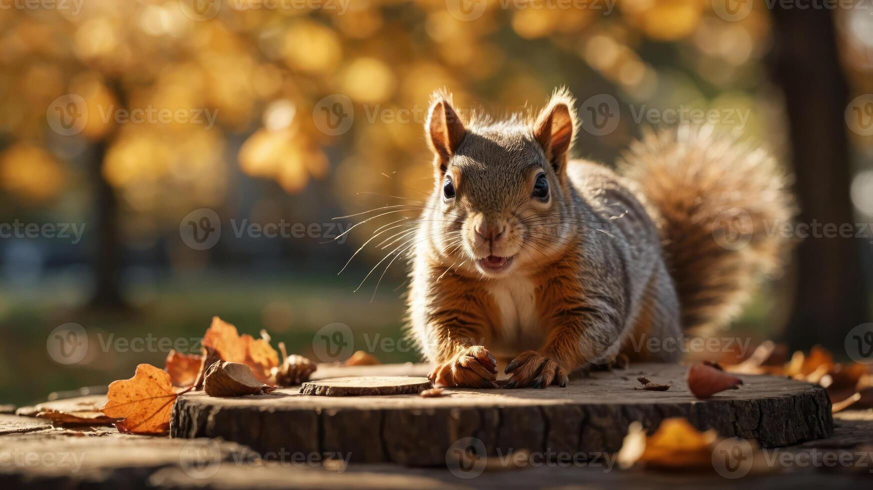A lively squirrel poses on a log surrounded by autumn leaves in a sunlit park. photo