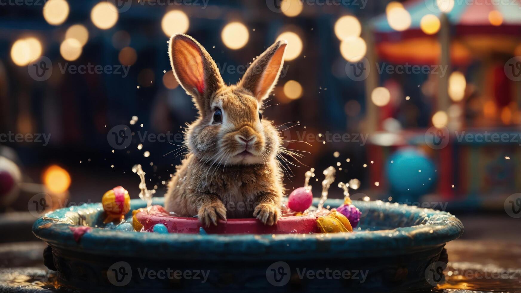 A cute rabbit enjoying a playful moment in a water fountain surrounded by colorful eggs. photo