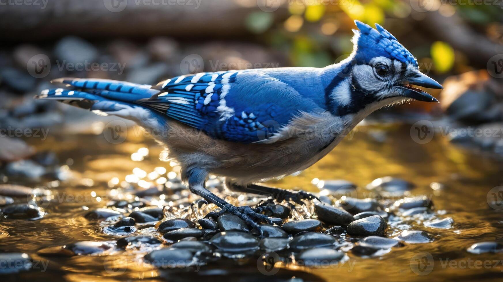A blue jay stands on pebbles near water, showcasing its vibrant colors in a natural setting. photo