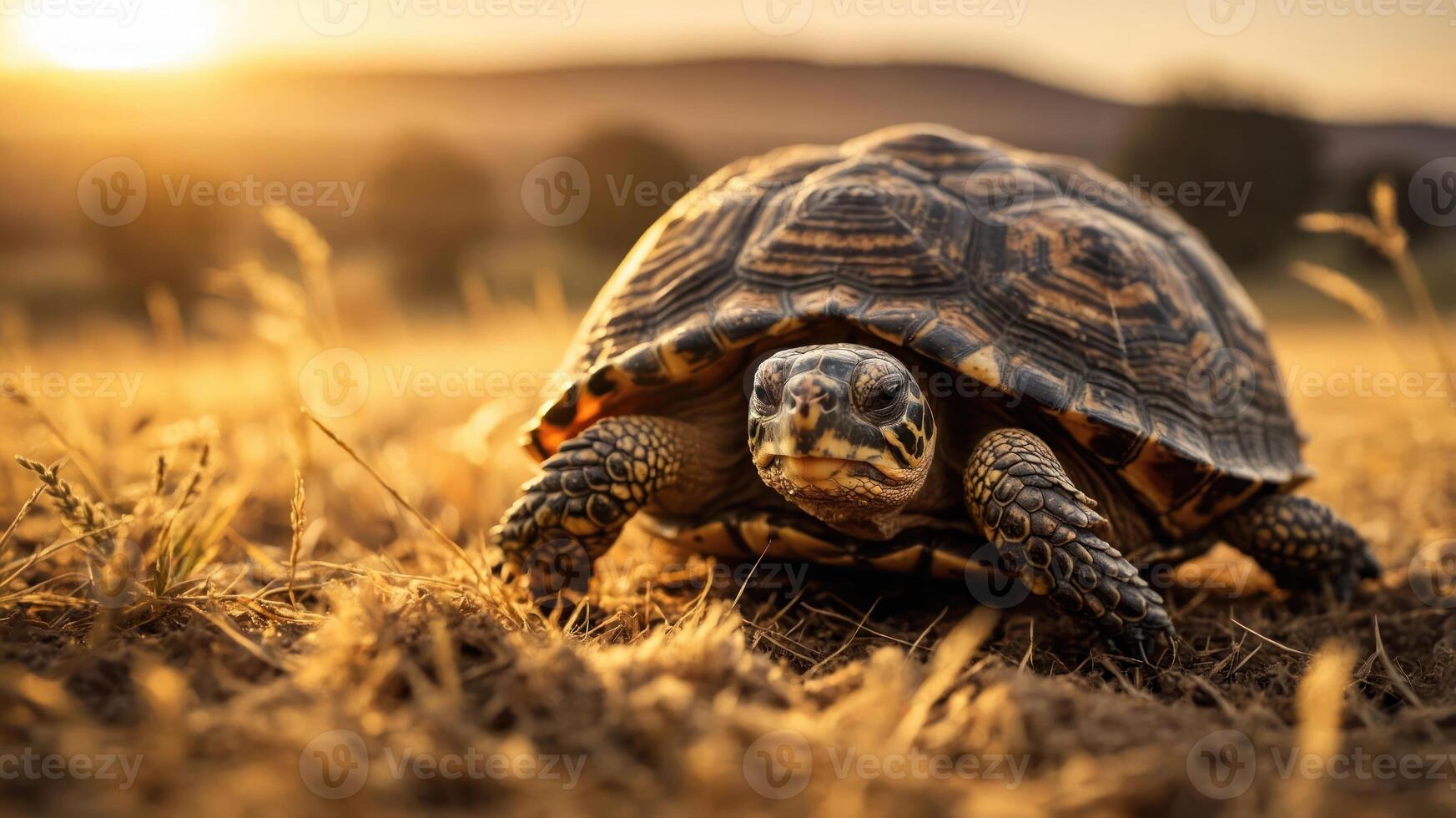 A close-up of a turtle in a sunlit, grassy landscape during golden hour. photo