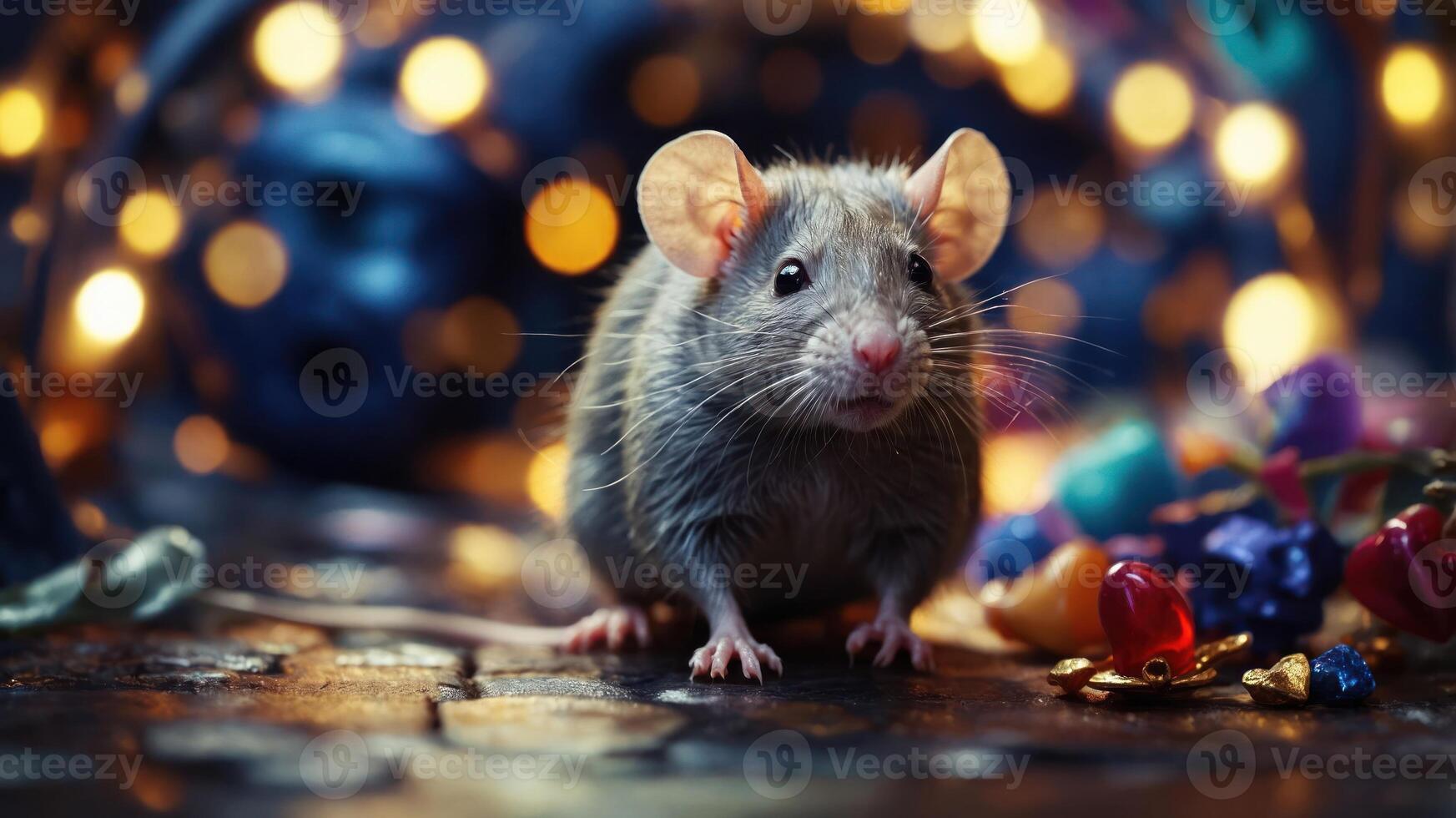 A close-up of a curious mouse surrounded by colorful objects and soft lighting. photo