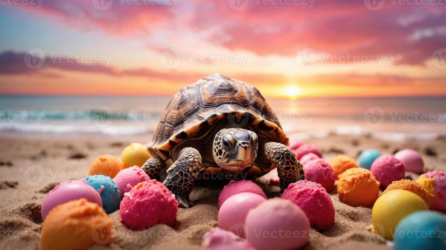 A tortoise on a beach surrounded by colorful ice cream scoops at sunset. photo