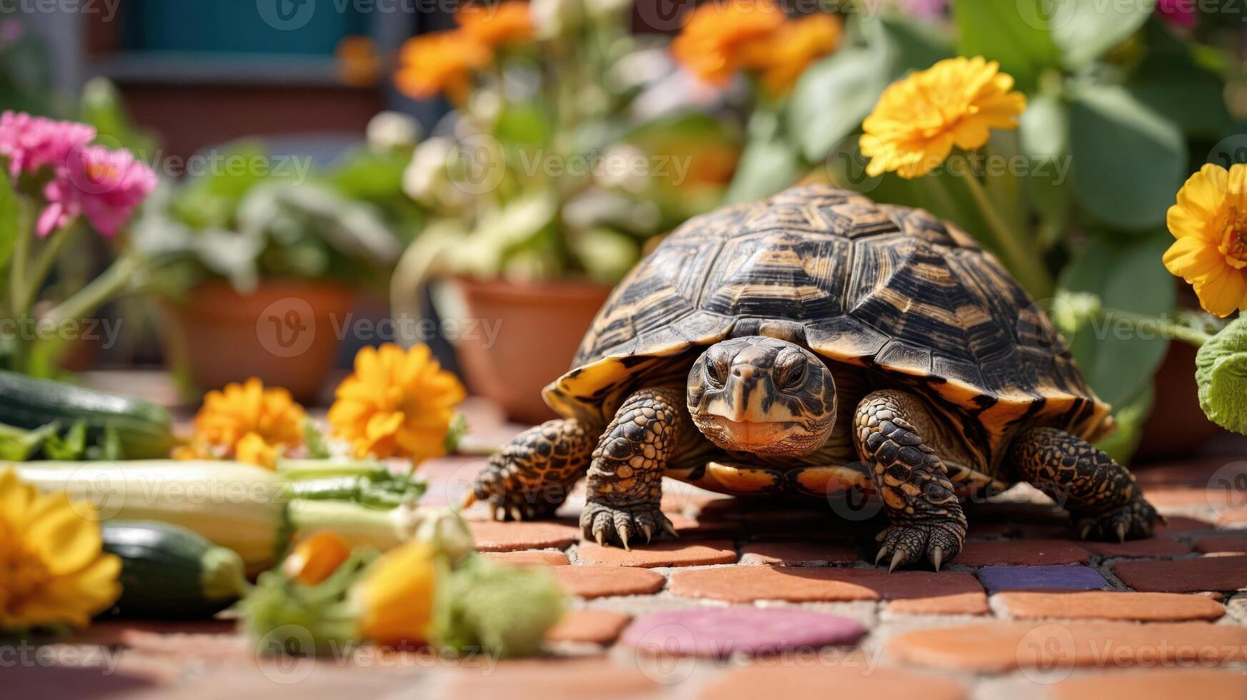 A tortoise amidst vibrant flowers and vegetables in a sunny garden setting. photo