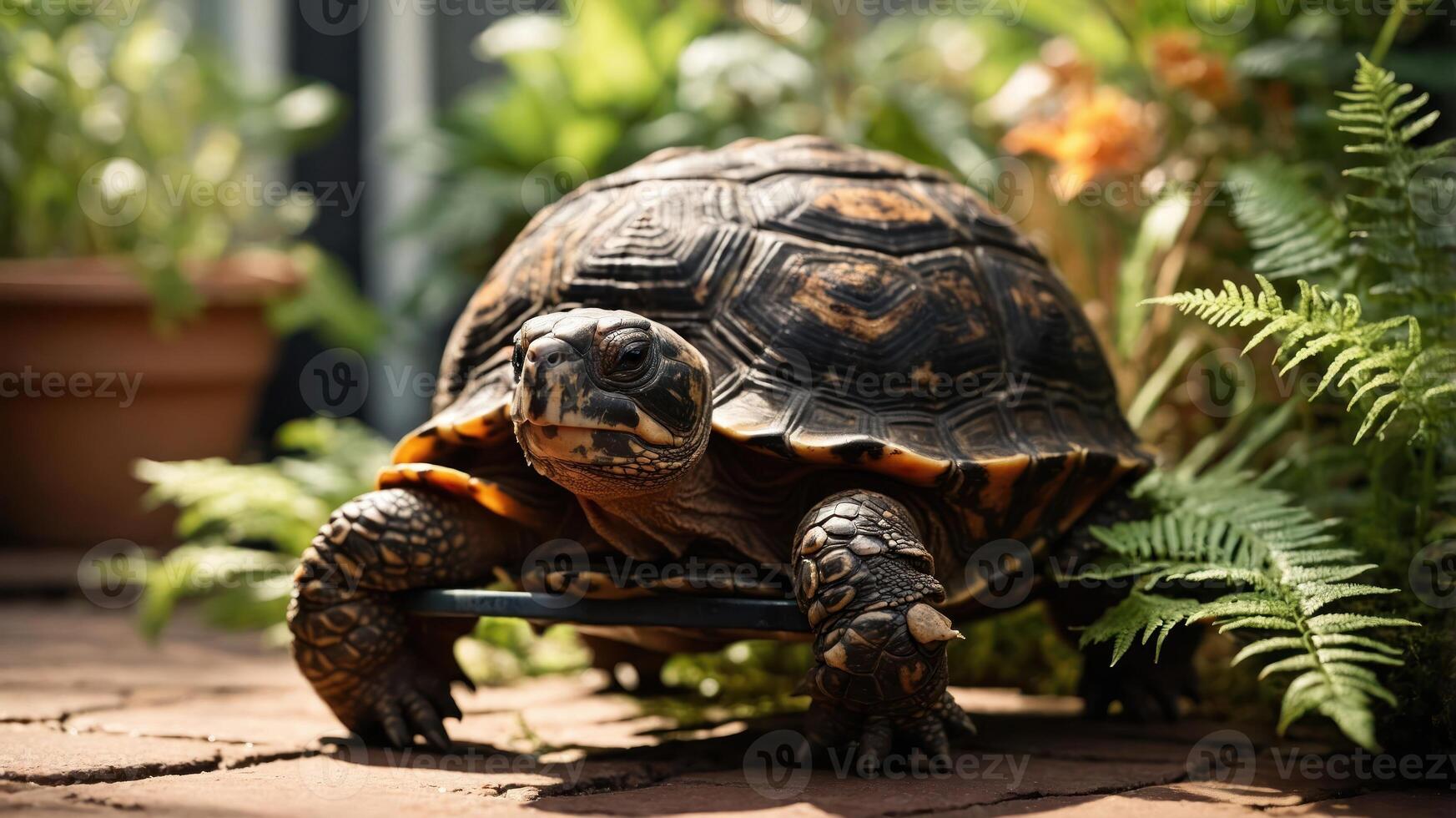 A tortoise navigating a lush garden with vibrant plants and ferns. photo