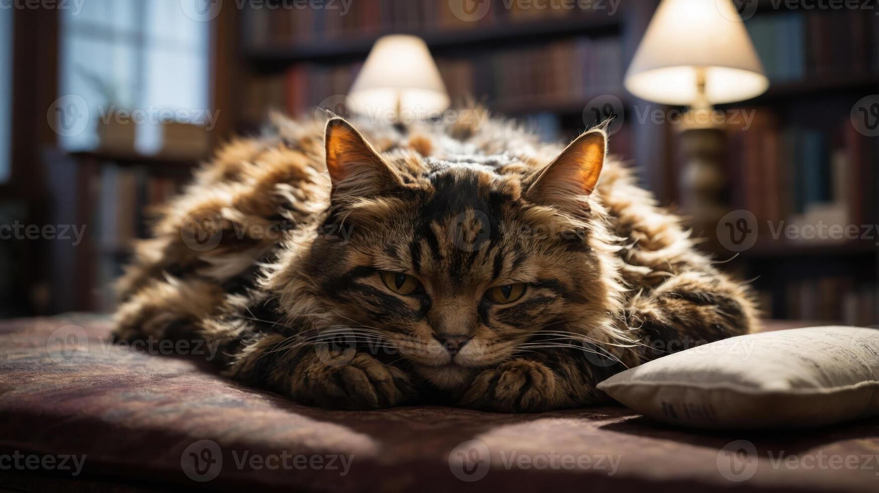 A fluffy cat lounging on a sofa in a cozy library setting, exuding relaxation. photo
