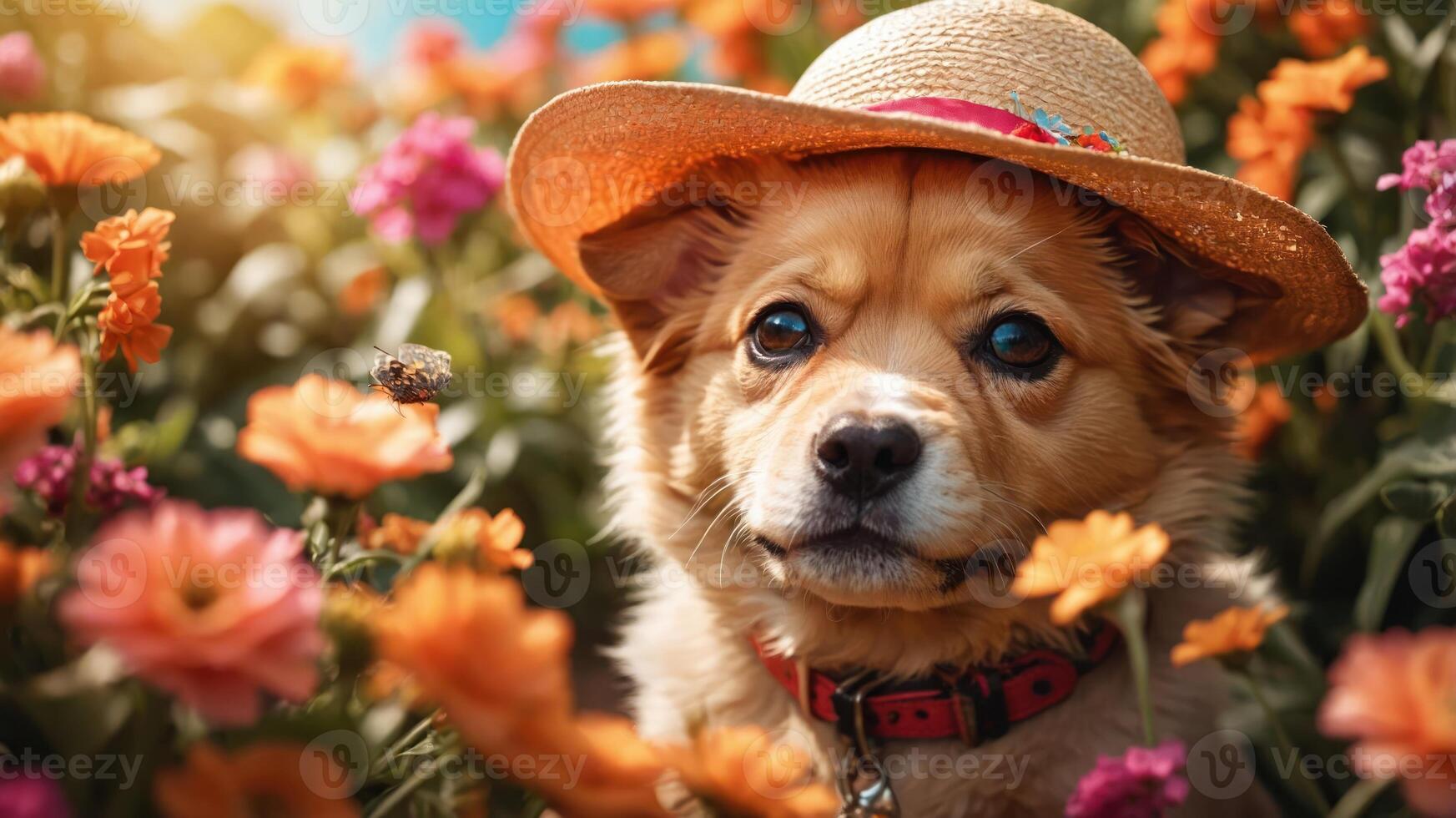 A dog wearing a straw hat surrounded by colorful flowers in a sunny garden. photo