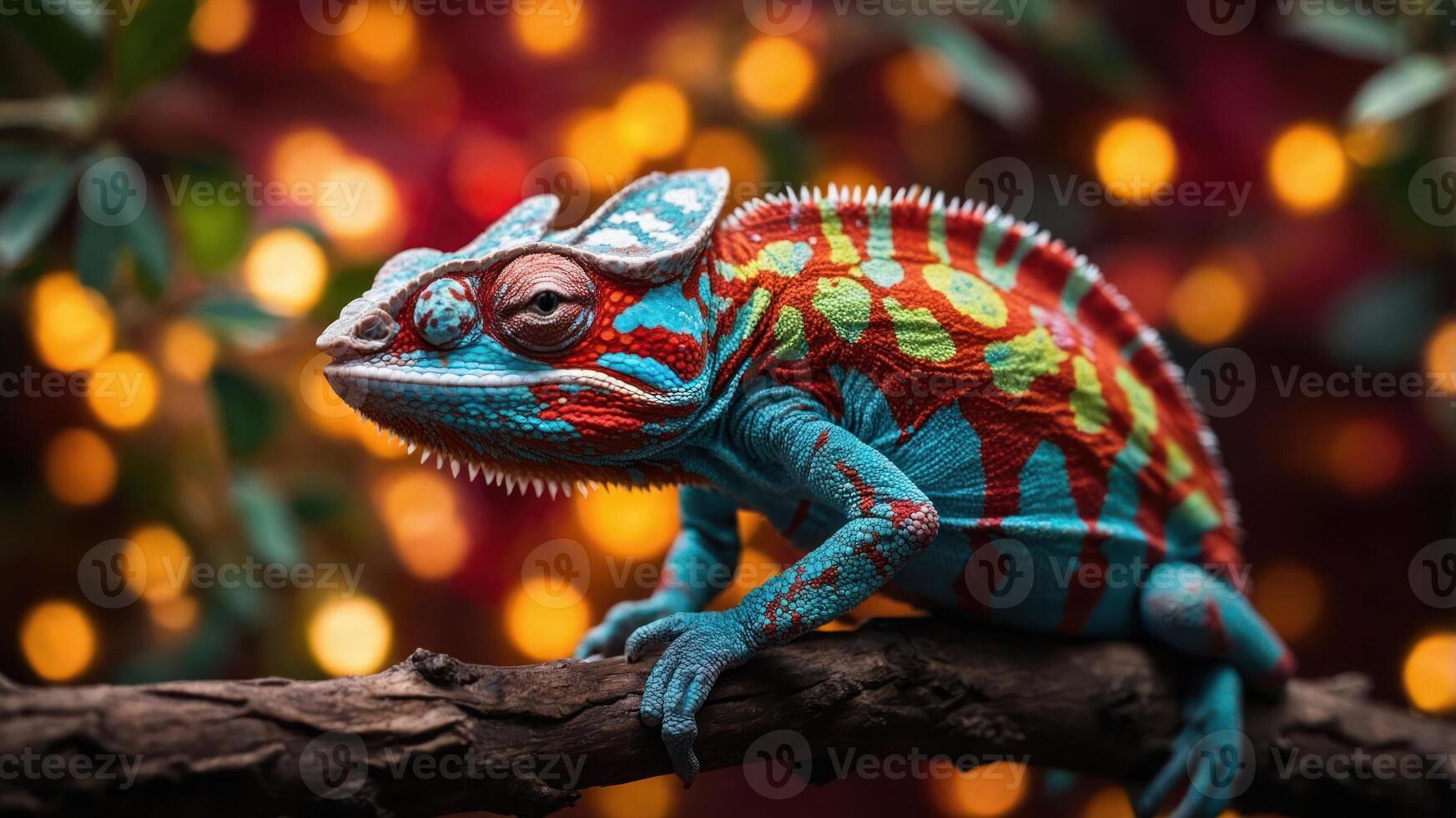 A vibrant chameleon perched on a branch, showcasing its colorful skin against a blurred background. photo
