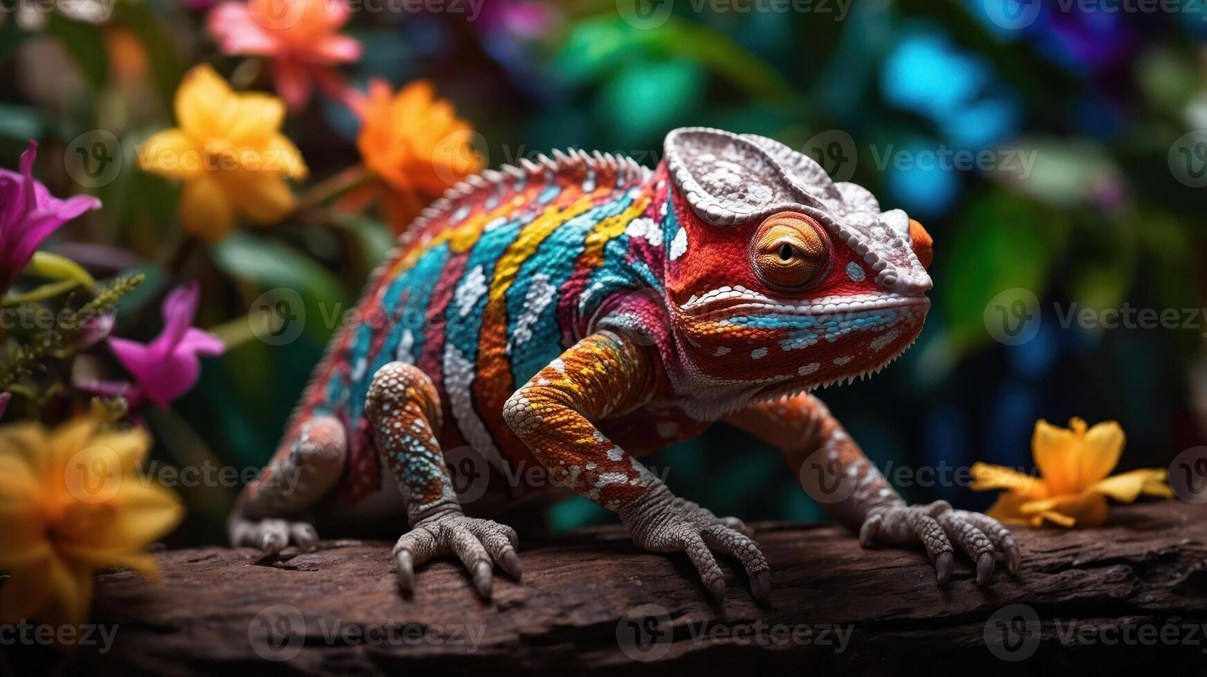 A vibrant chameleon perched on a log amidst colorful flowers in a lush environment. photo