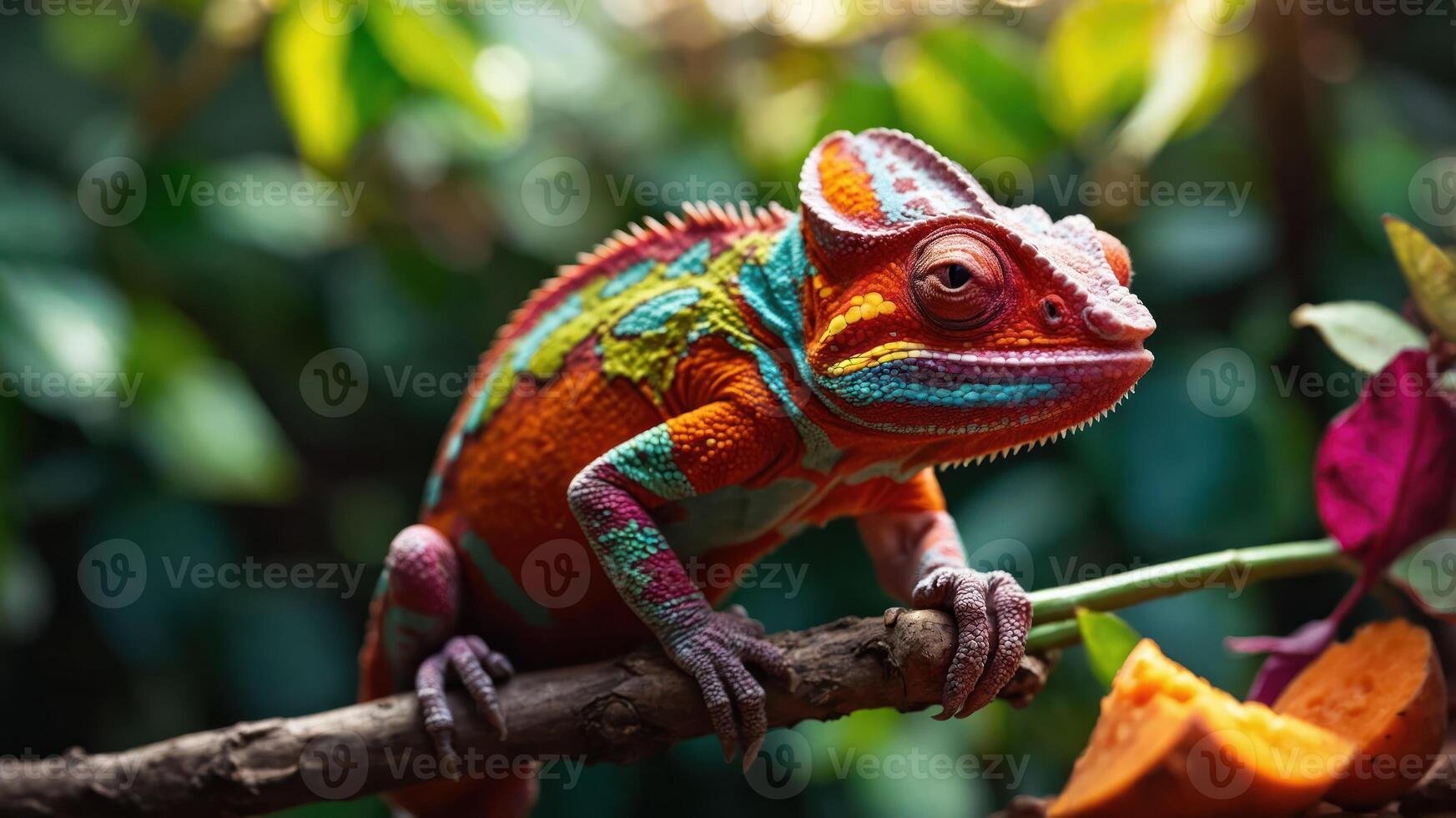 A vibrant chameleon perched on a branch among lush foliage. photo