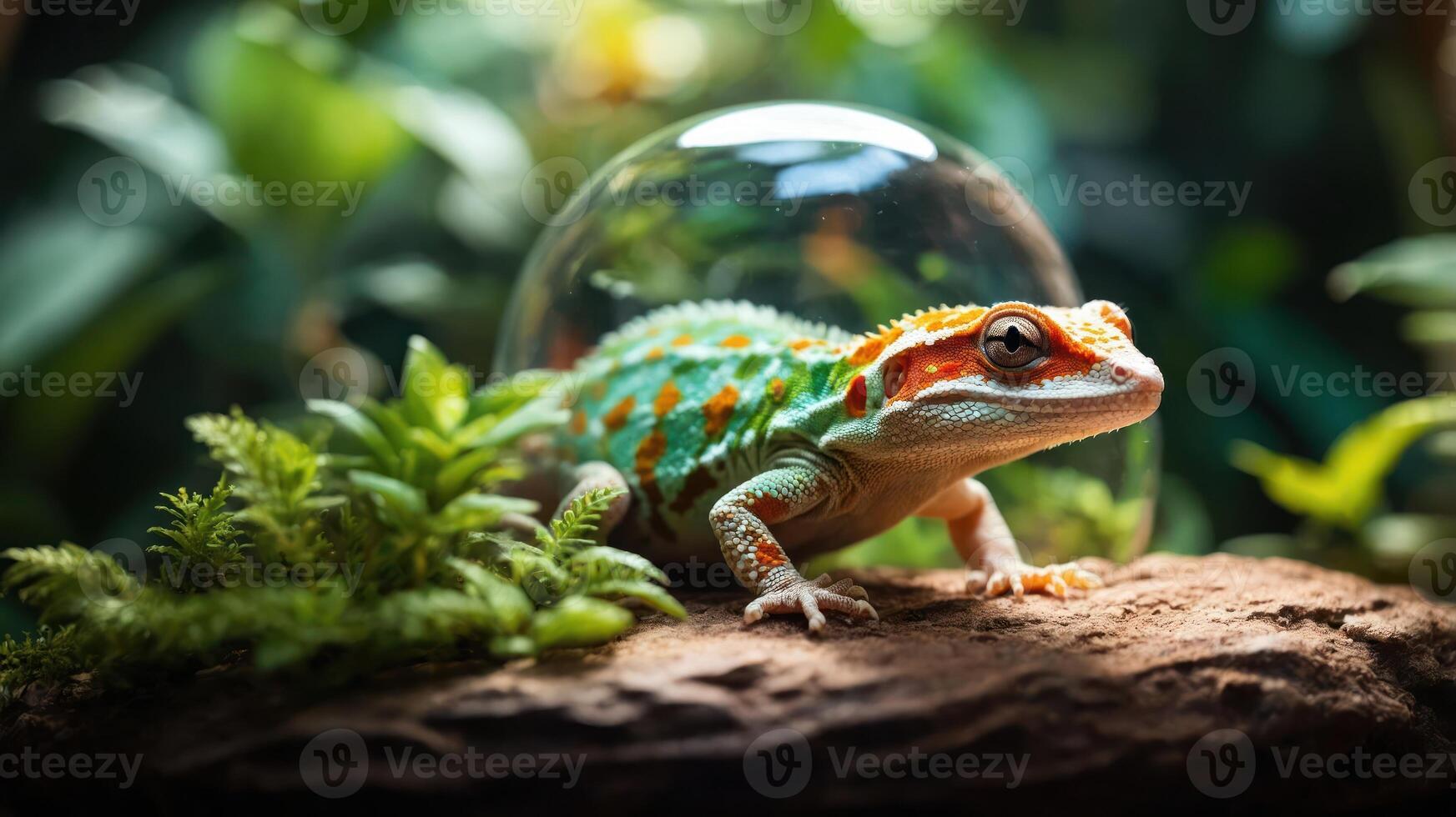 A colorful gecko under a glass dome, surrounded by lush greenery. photo