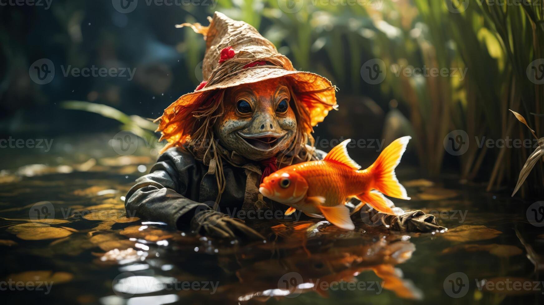 A whimsical creature resembling a scarecrow with a fish in a serene pond setting. photo