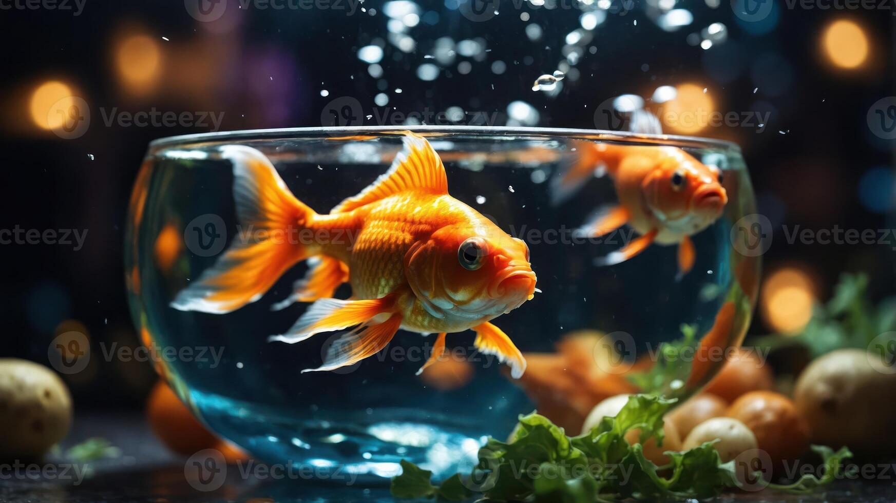 Two goldfish swimming in a bowl with bubbles and greenery, creating a vibrant aquatic scene. photo