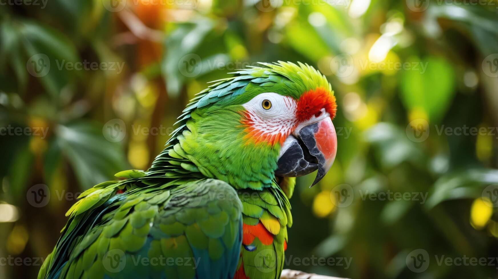 A vibrant parrot with green feathers and colorful accents perched amidst lush foliage. photo