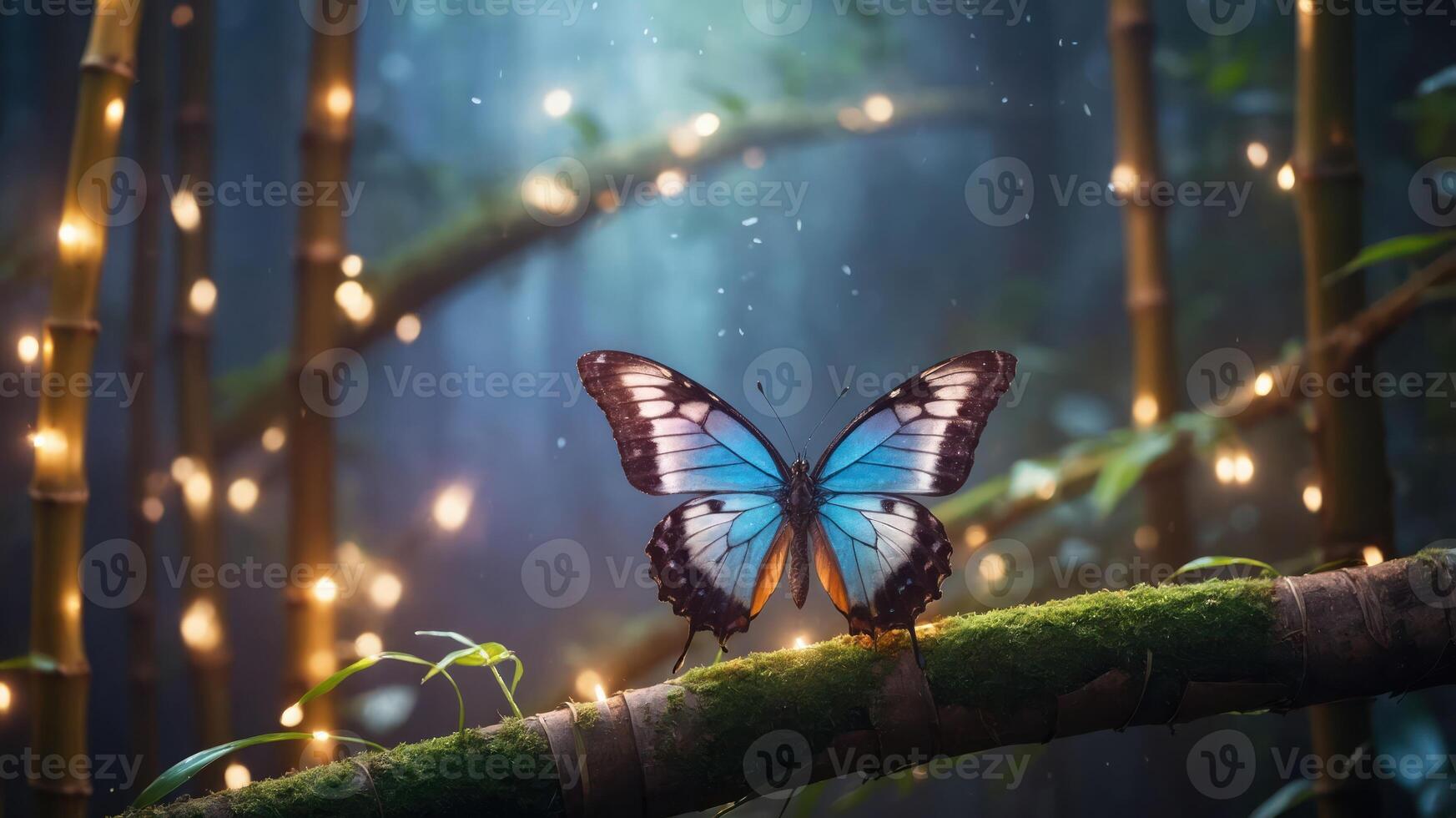A vibrant blue butterfly perched on a mossy branch in a mystical bamboo forest with lights. photo