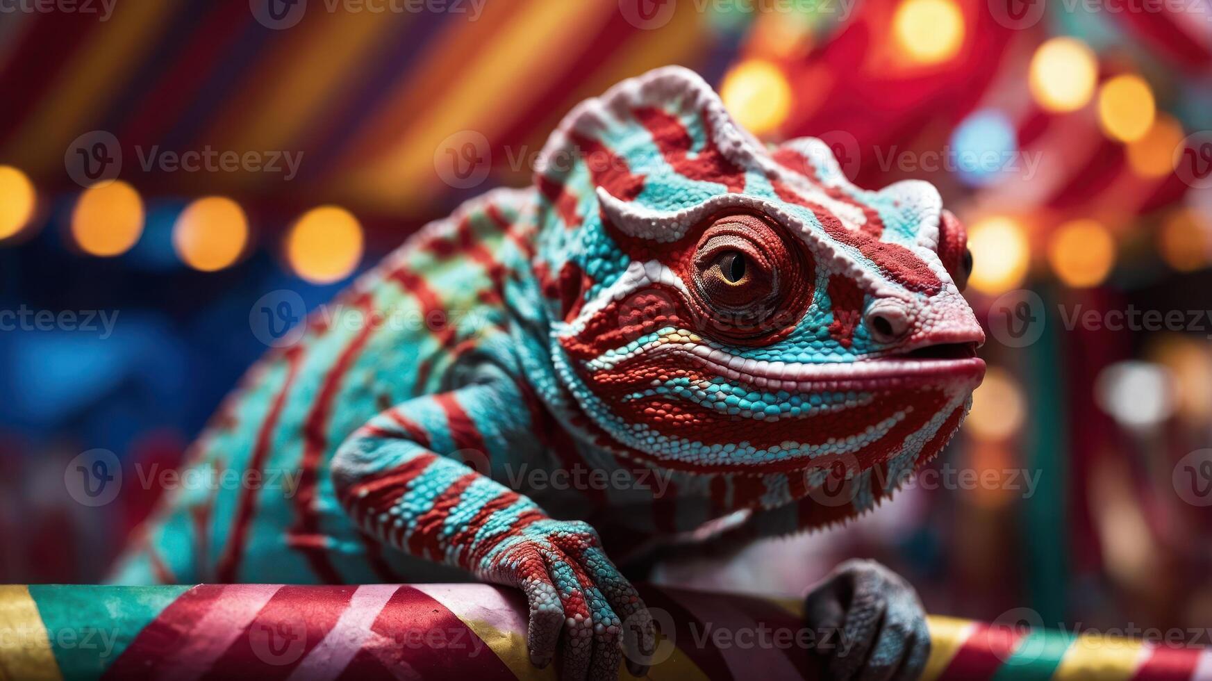 A vibrant chameleon perched on a colorful railing, set against a festive background. photo