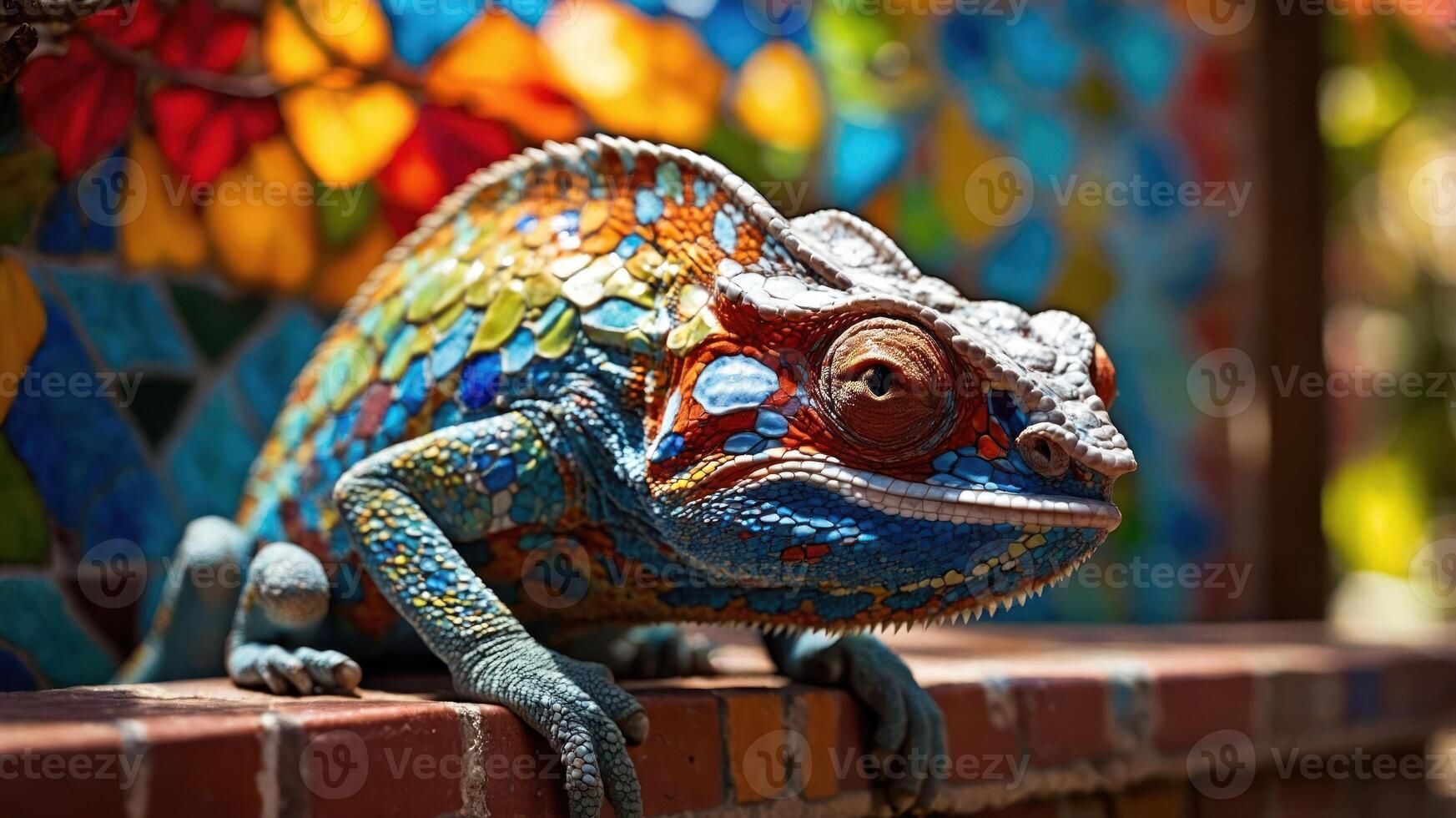 A vibrant chameleon perched on a brick surface against a colorful mosaic background. photo