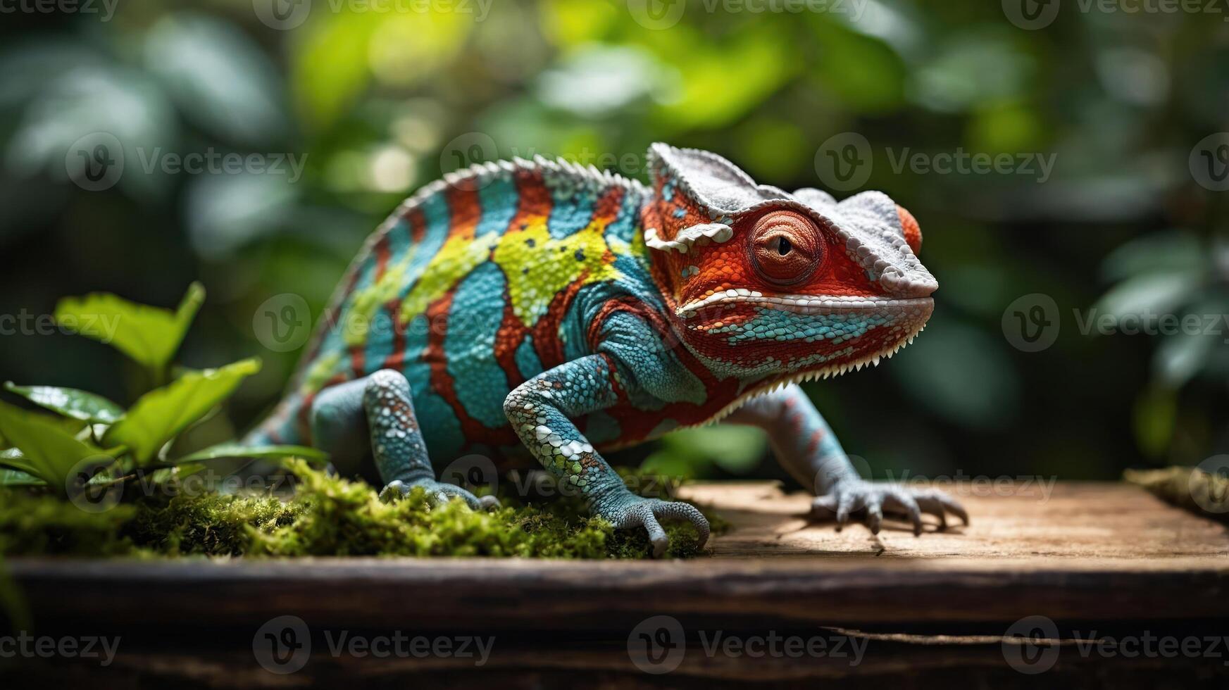 A vibrant chameleon perched on a mossy log amidst lush greenery. photo