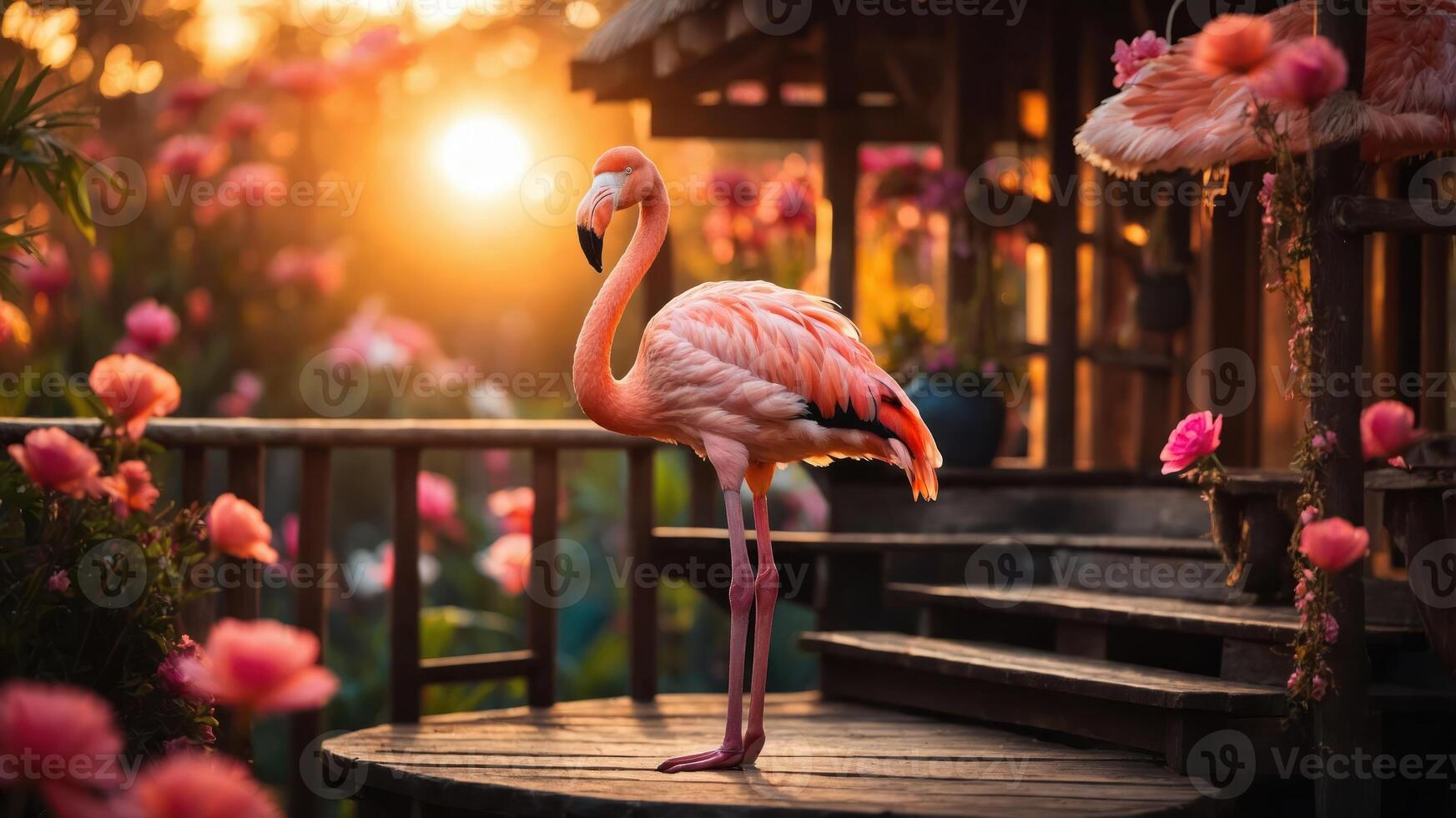 A vibrant flamingo stands amidst flowers at sunset, creating a serene and picturesque scene. photo