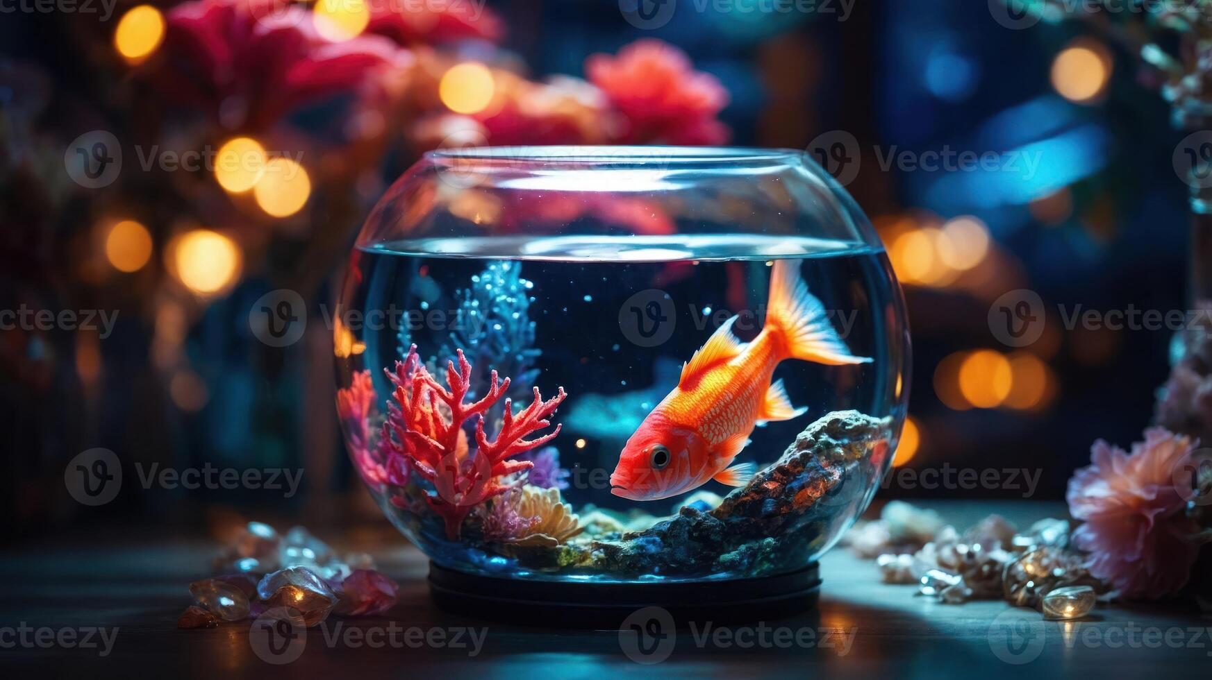 A vibrant goldfish swims in a decorative bowl surrounded by colorful coral and soft lighting. photo
