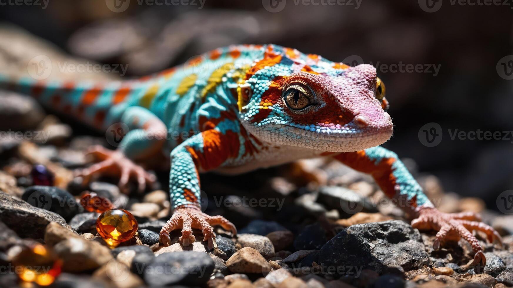 A colorful lizard on rocky terrain, surrounded by shiny gems. photo