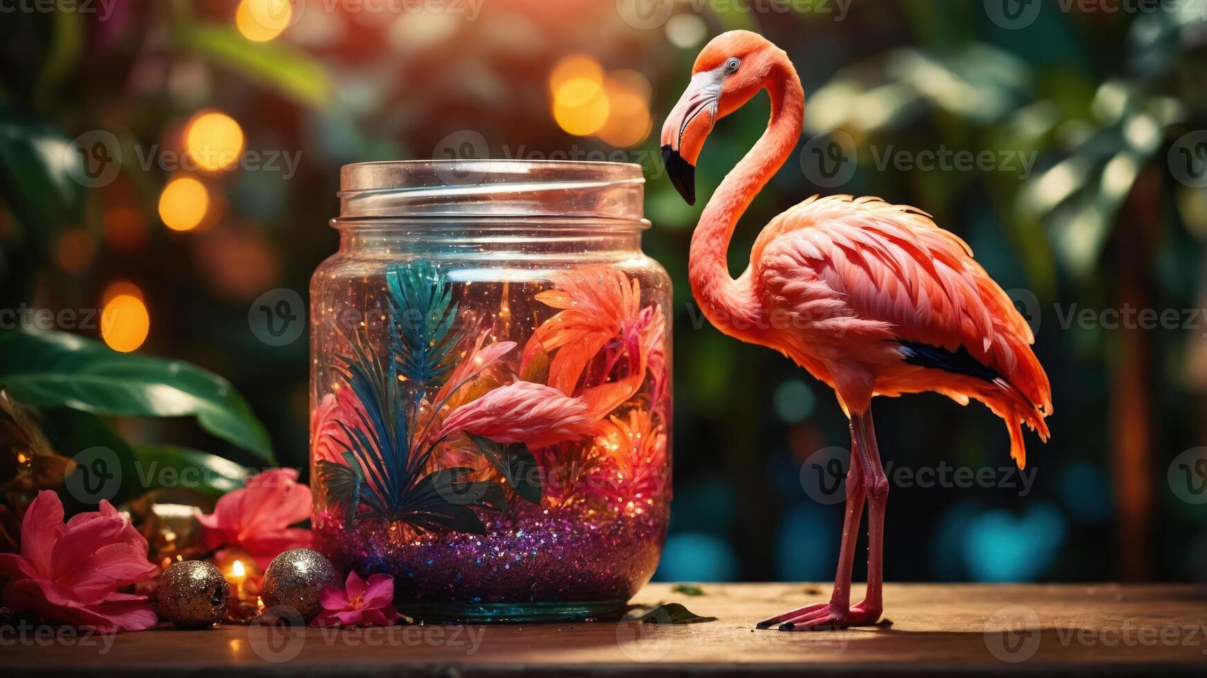 A vibrant scene featuring a flamingo beside a decorative jar filled with colorful elements. photo
