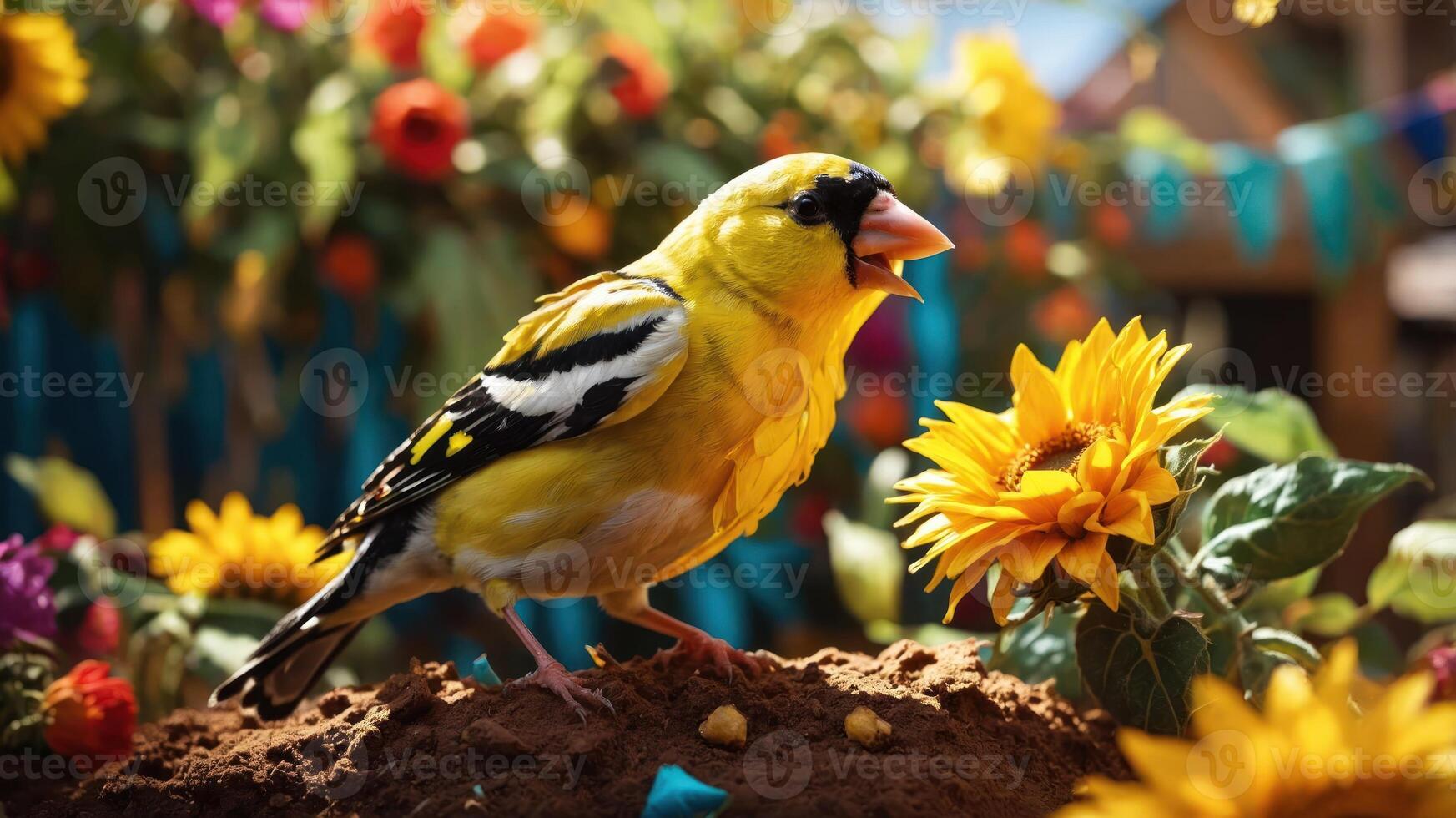 A vibrant yellow bird perched near sunflowers in a colorful garden setting. photo