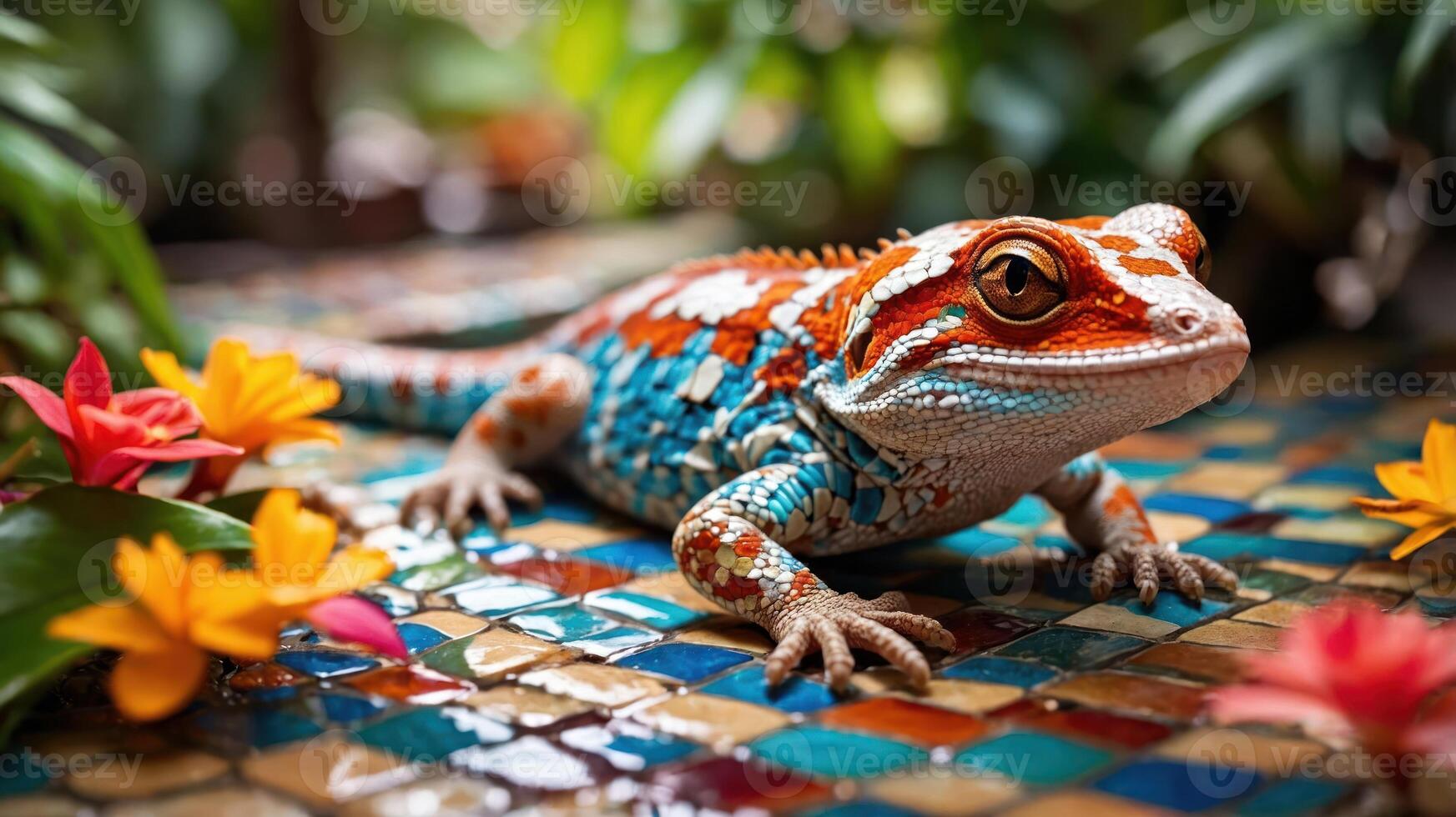 A colorful lizard resting on a mosaic surface surrounded by vibrant flowers. photo